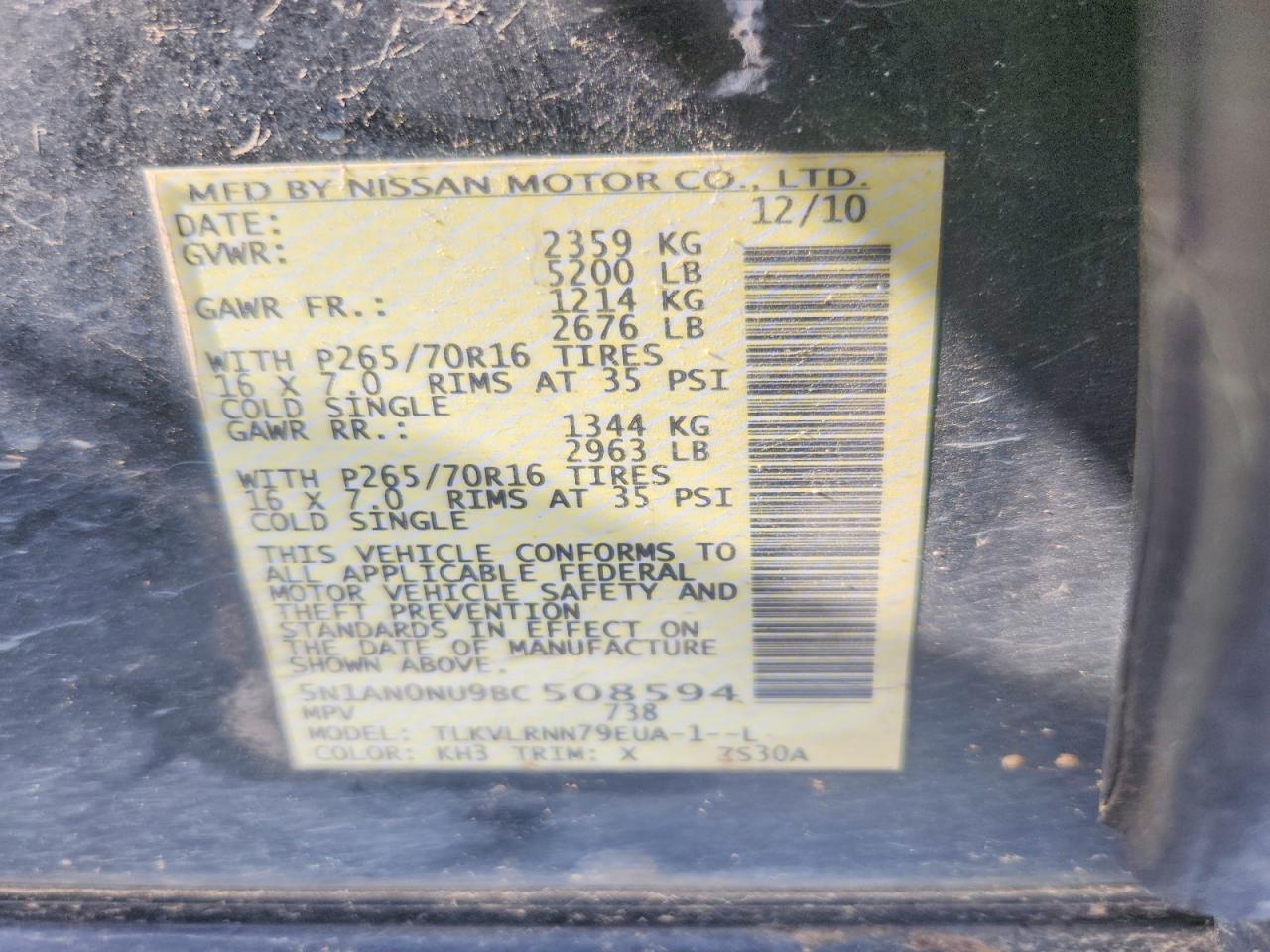 2011 Nissan Xterra X Blue vin: 5N1AN0NU9BC508594