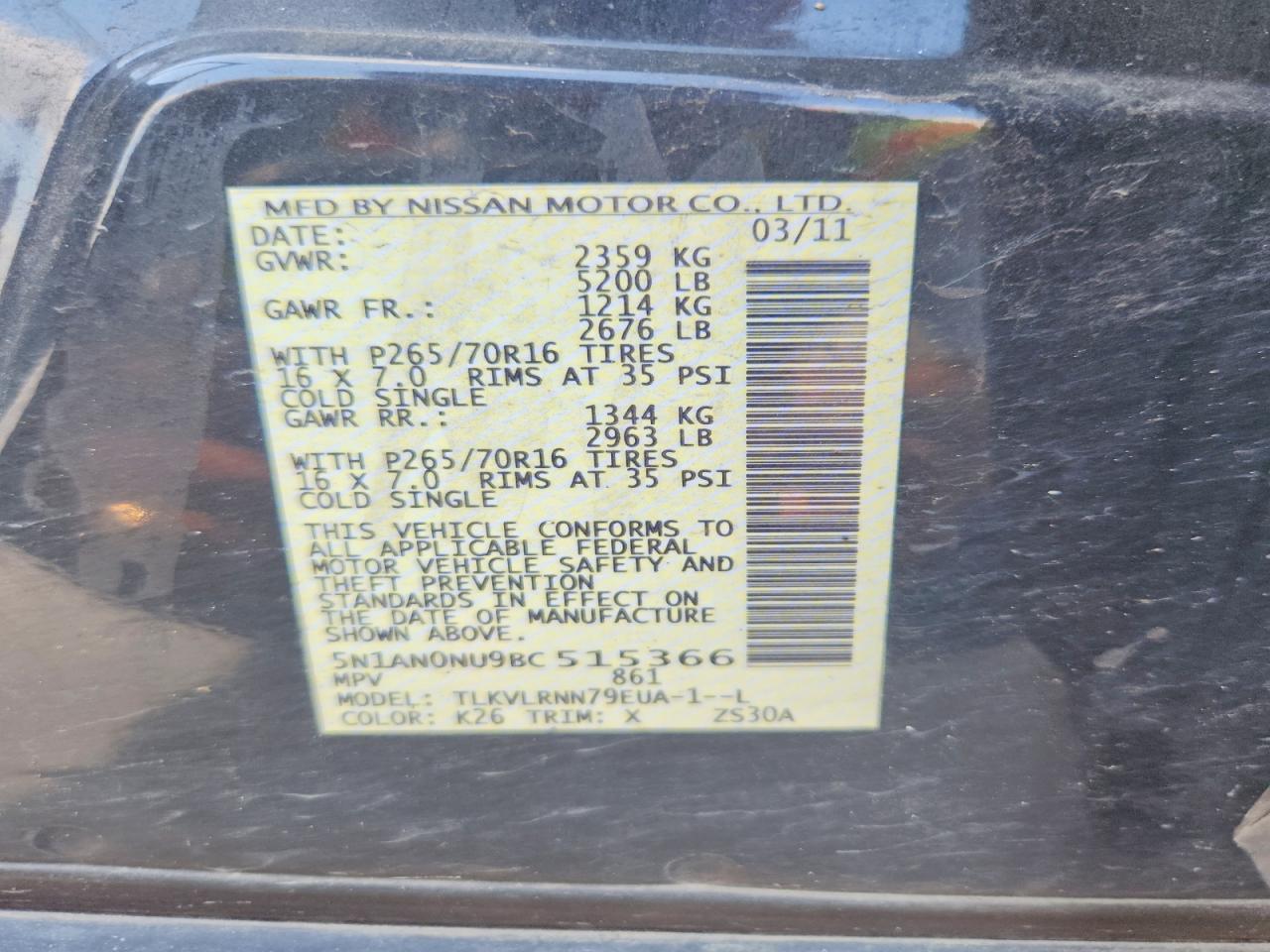 2011 Nissan Xterra X Gray vin: 5N1AN0NU9BC515366
