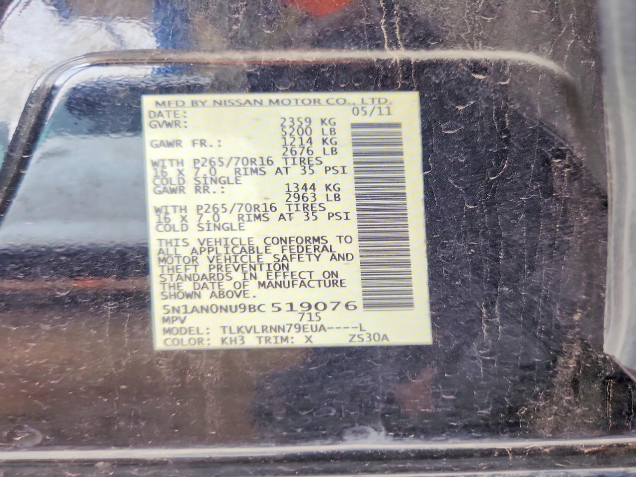 2011 Nissan Xterra X Black vin: 5N1AN0NU9BC519076