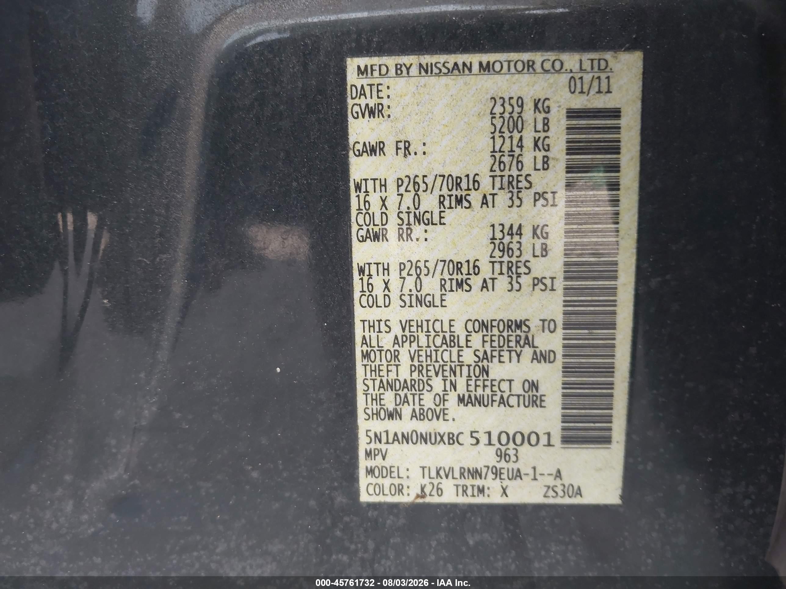 2011 Nissan Xterra S Gray vin: 5N1AN0NUXBC510001