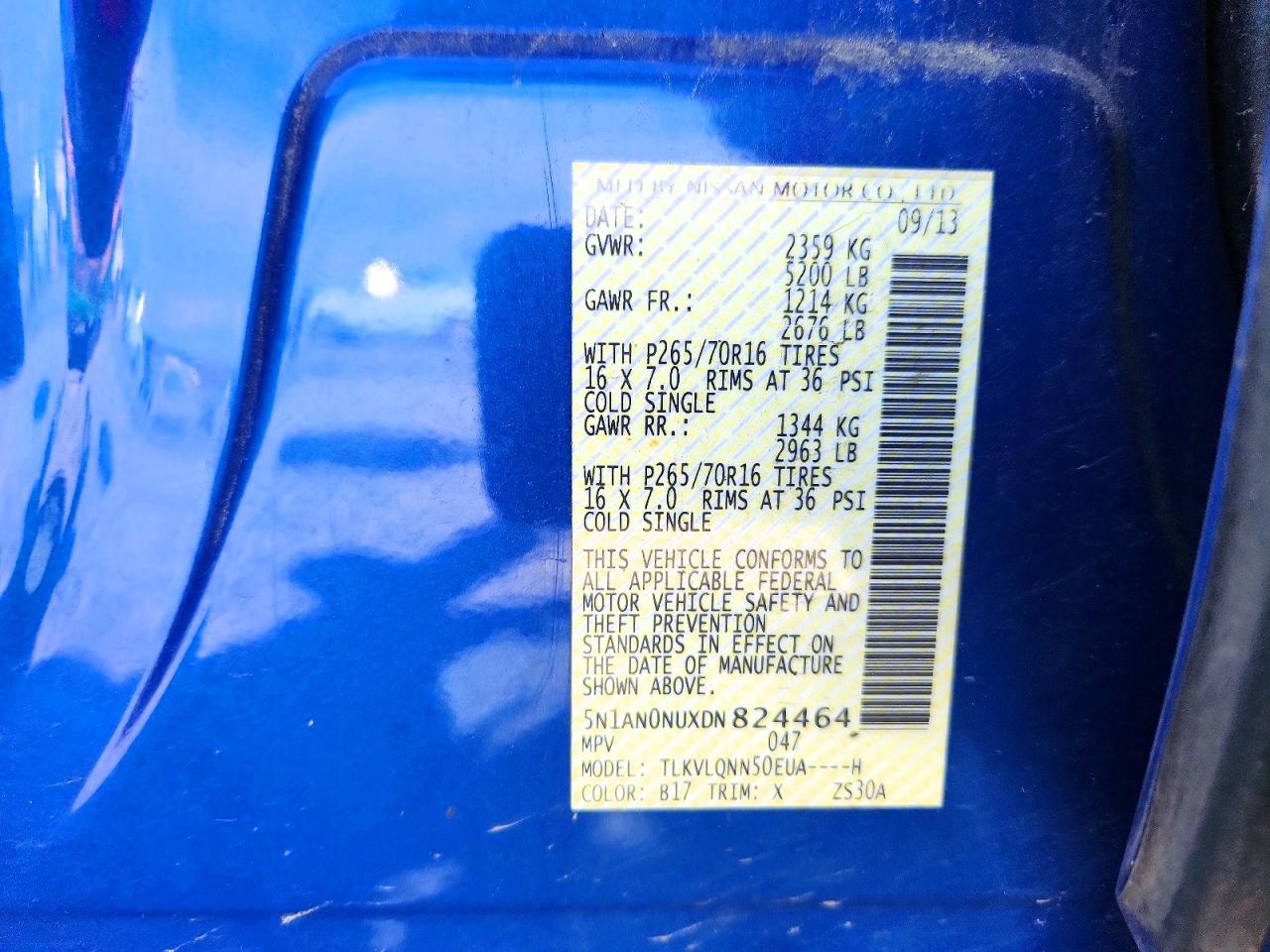 2013 Nissan Xterra X Blue vin: 5N1AN0NUXDN824464