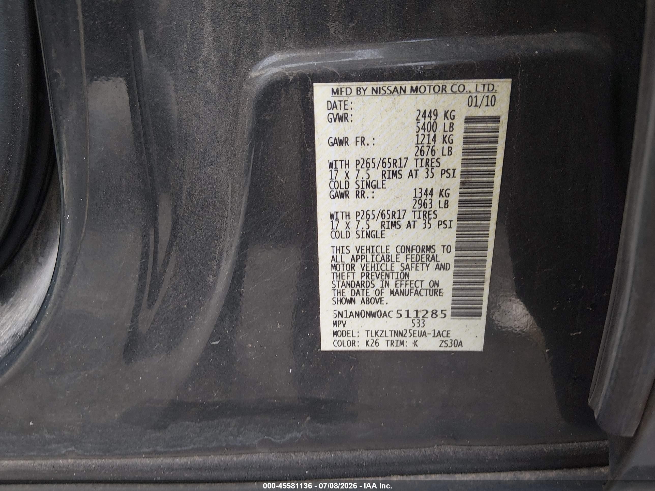 2010 Nissan Xterra Se Black vin: 5N1AN0NW0AC511285