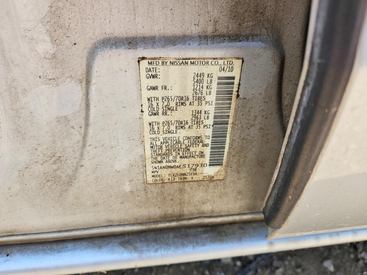 2010 Nissan Xterra X Silver vin: 5N1AN0NW0AC517930