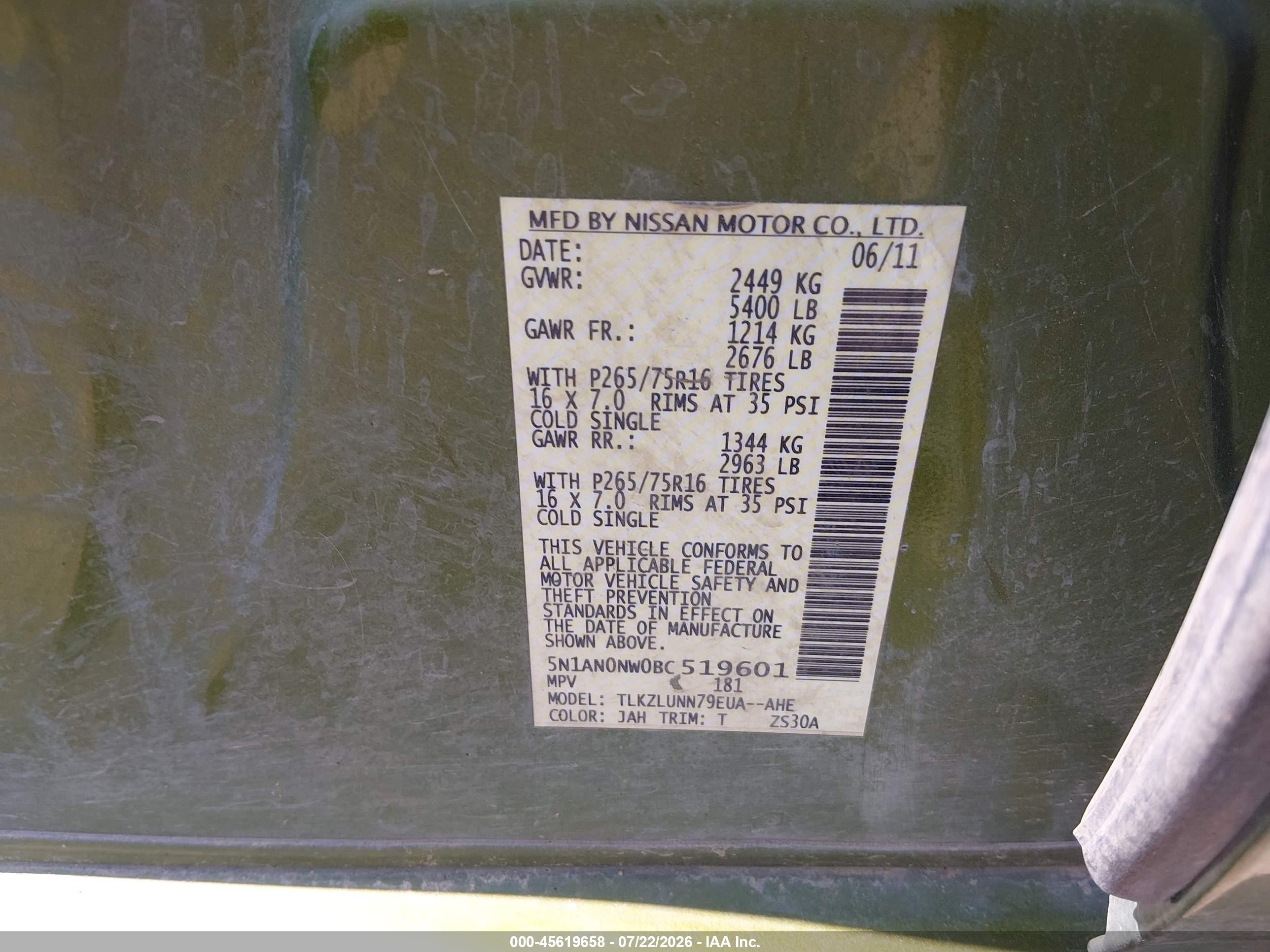 2011 Nissan Xterra Pro-4x Green vin: 5N1AN0NW0BC519601