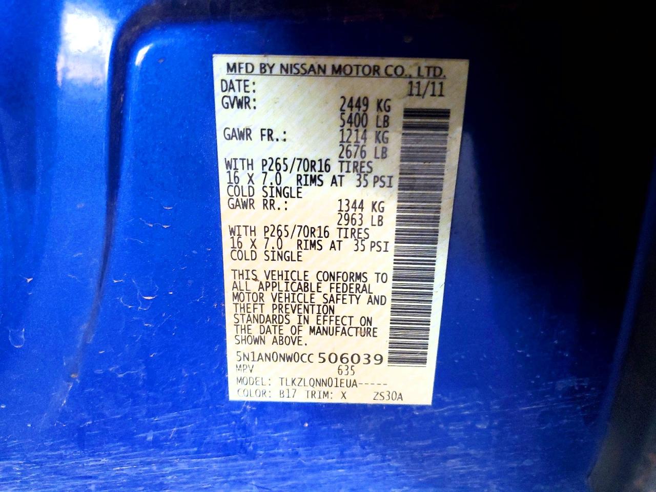 2012 Nissan Xterra X Blue vin: 5N1AN0NW0CC506039