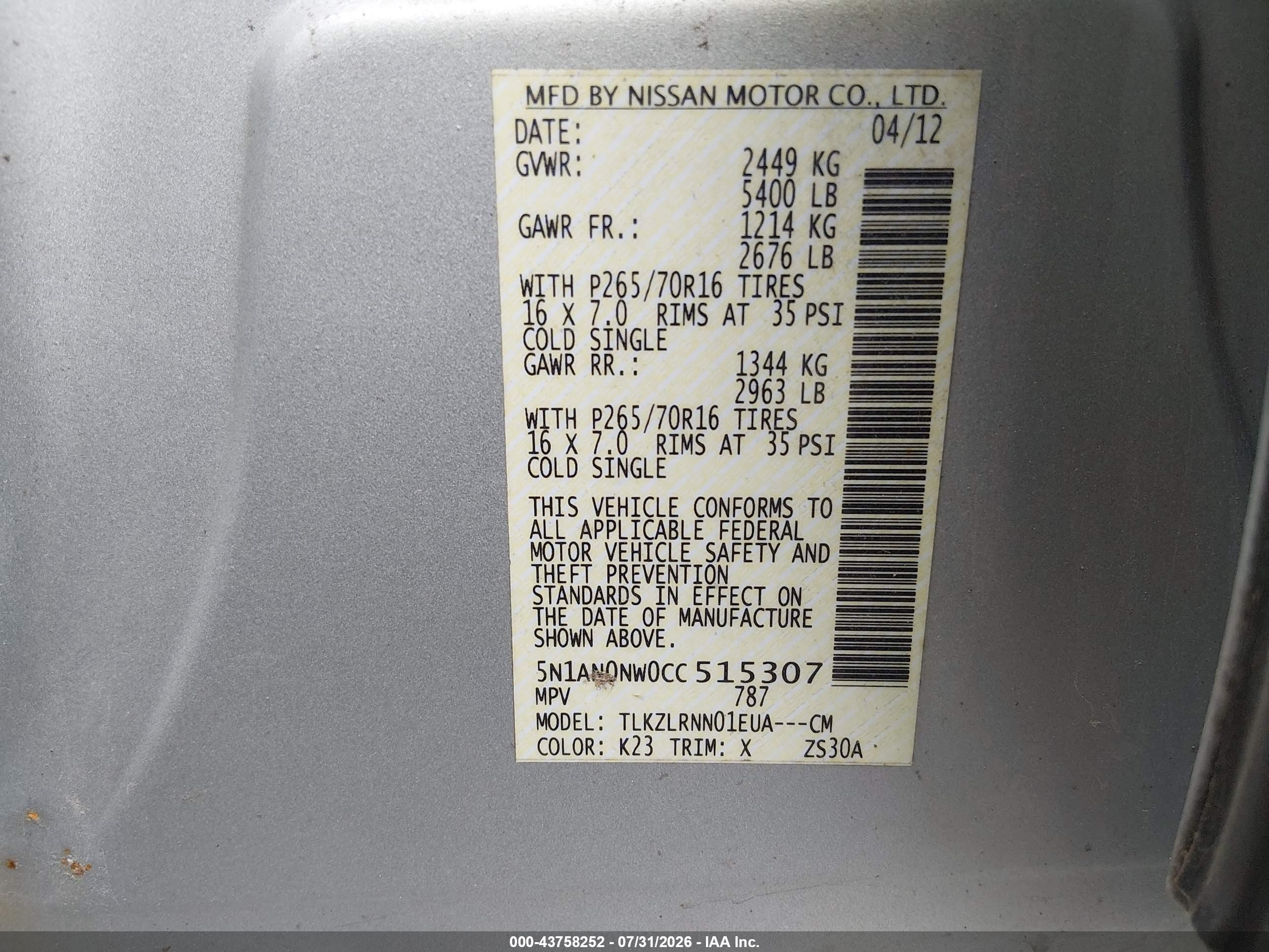 2012 Nissan Xterra S Silver vin: 5N1AN0NW0CC515307