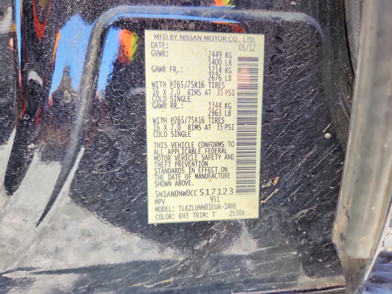 2012 Nissan Xterra X Black vin: 5N1AN0NW0CC517123