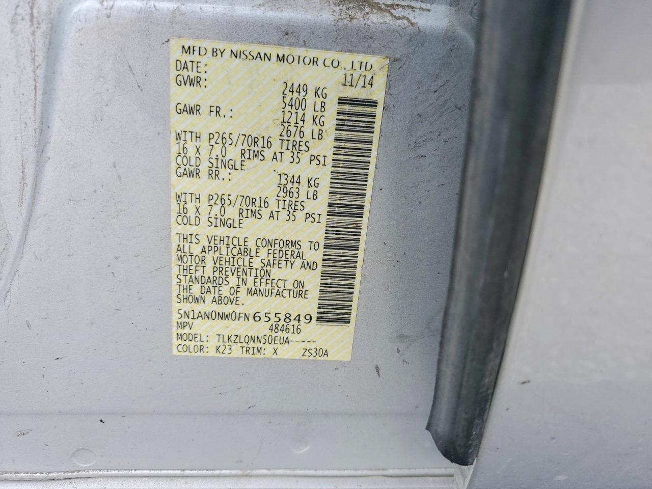 2015 Nissan Xterra X Silver vin: 5N1AN0NW0FN655849