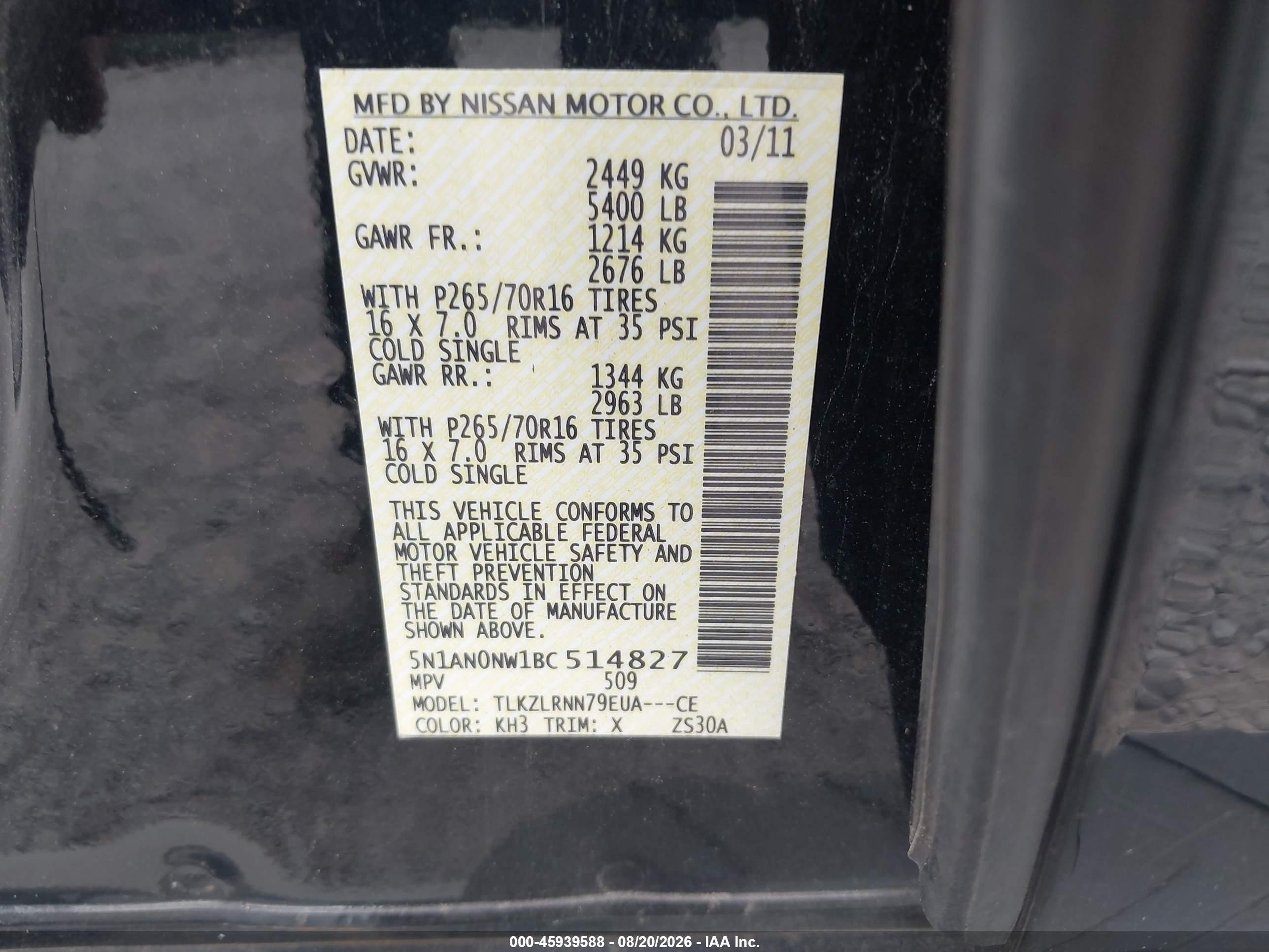 2011 Nissan Xterra S Black vin: 5N1AN0NW1BC514827