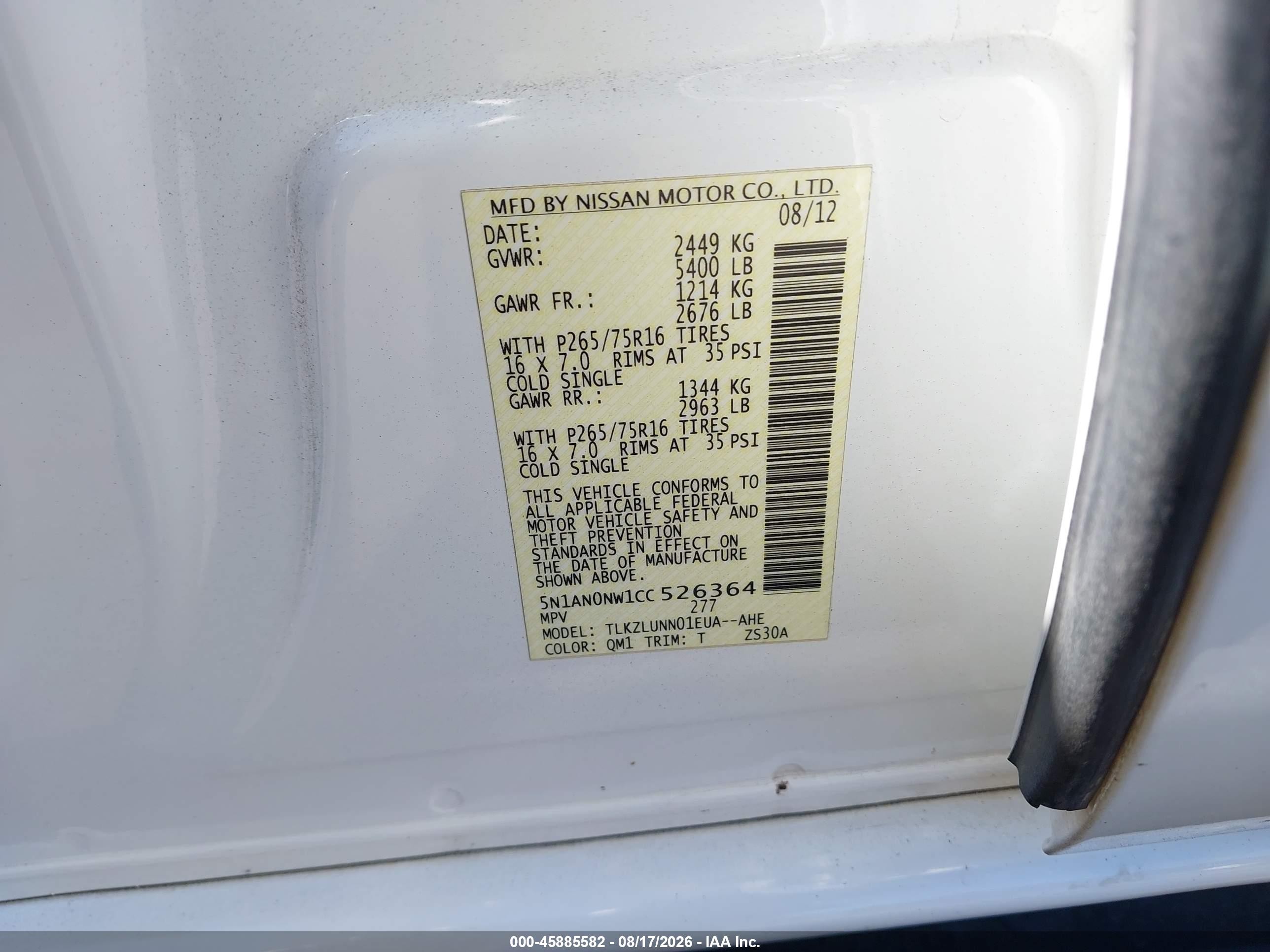 2012 Nissan Xterra Pro-4x White vin: 5N1AN0NW1CC526364