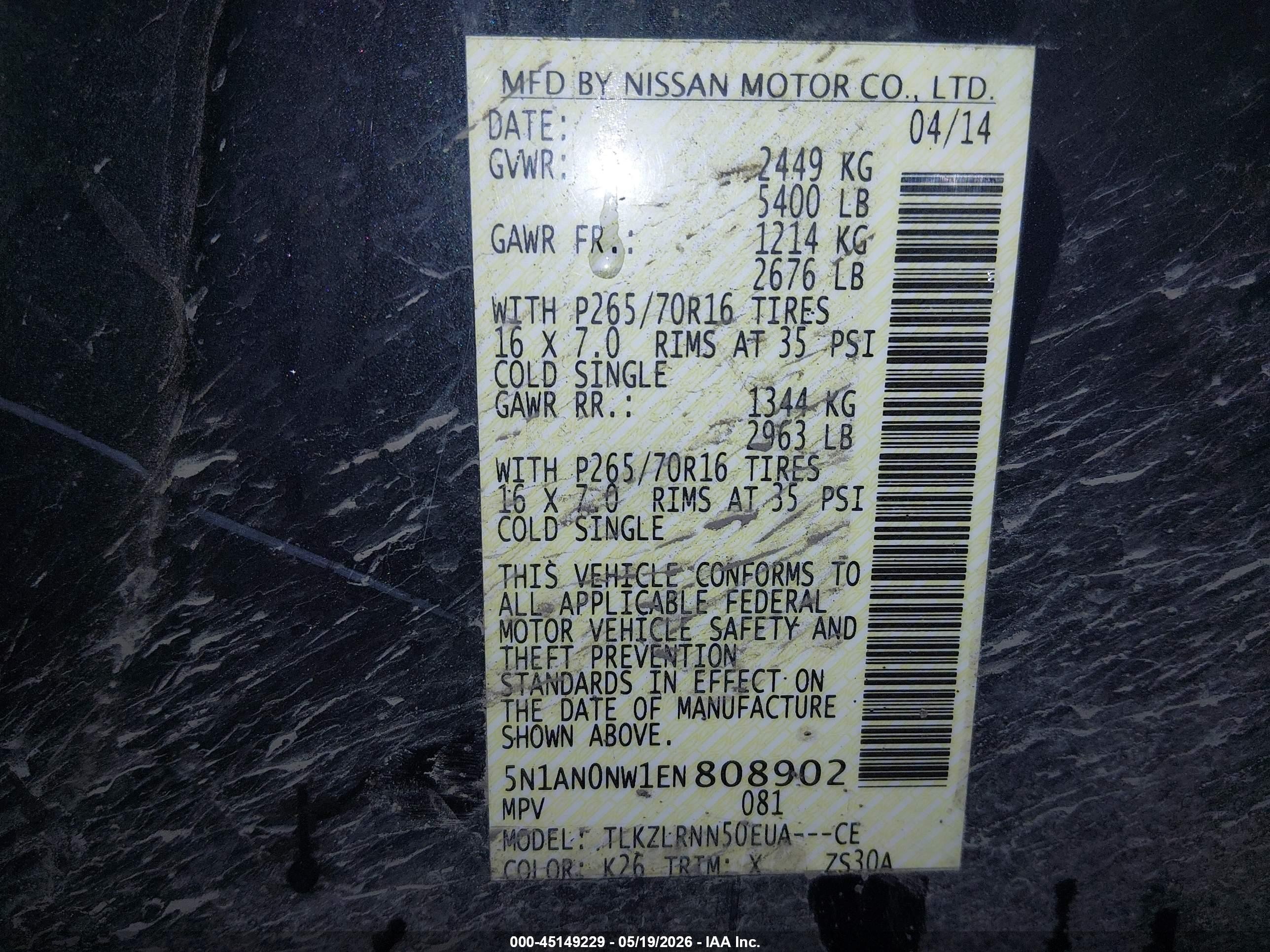 2014 Nissan Xterra Pro-4x/s/x Gray vin: 5N1AN0NW1EN808902