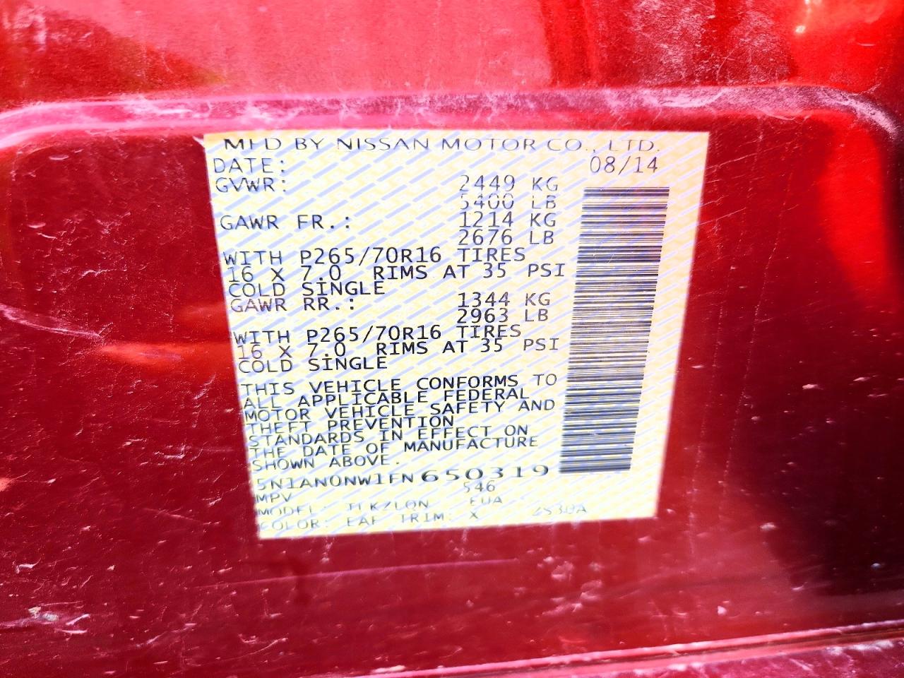 2015 Nissan Xterra X Red vin: 5N1AN0NW1FN650319