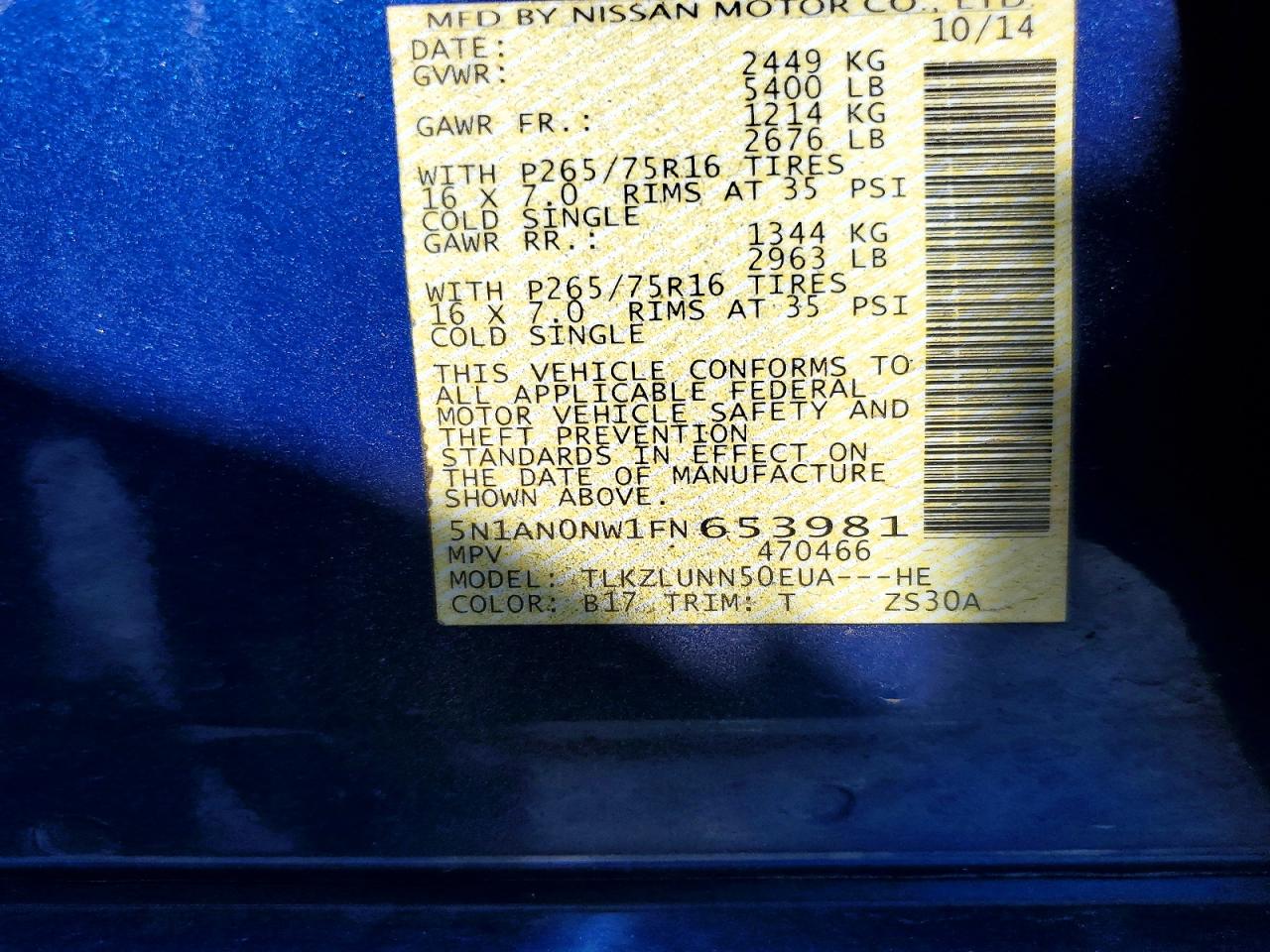2015 Nissan Xterra Pro-4x Blue vin: 5N1AN0NW1FN653981