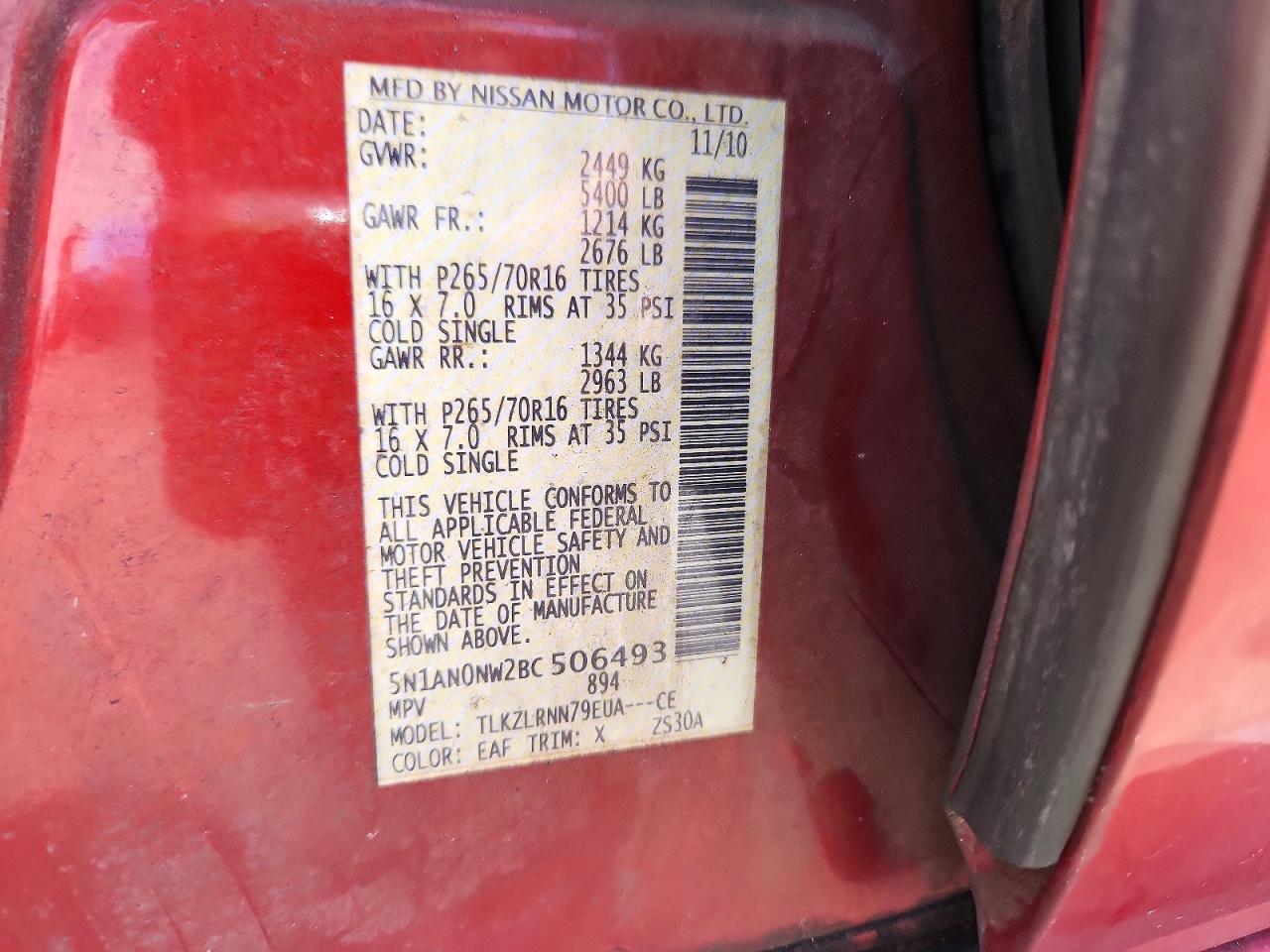 2011 Nissan Xterra X Red vin: 5N1AN0NW2BC506493