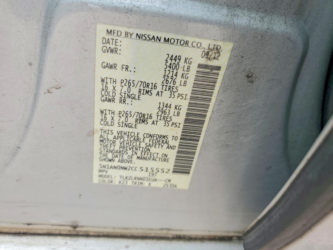 2012 Nissan Xterra X Silver vin: 5N1AN0NW2CC515552