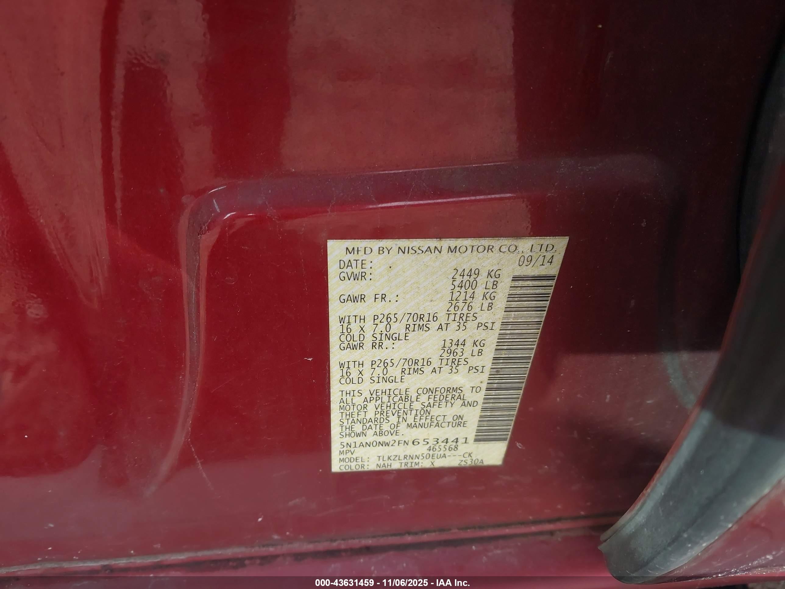 2015 Nissan Xterra S Red vin: 5N1AN0NW2FN653441