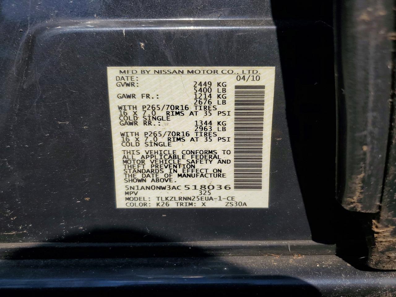 2010 Nissan Xterra X Gray vin: 5N1AN0NW3AC518036