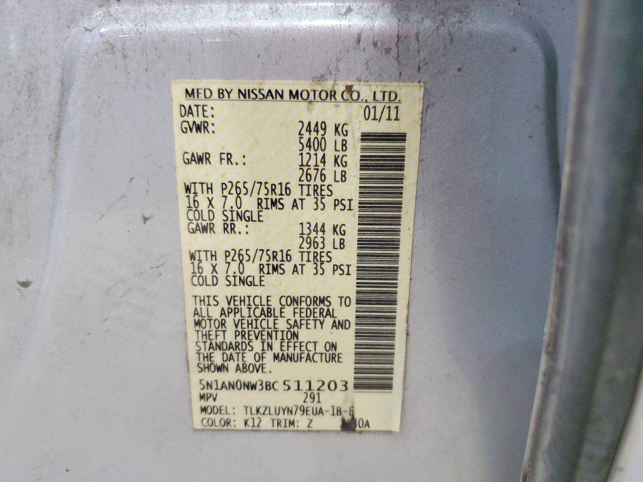 2011 Nissan Xterra X Silver vin: 5N1AN0NW3BC511203