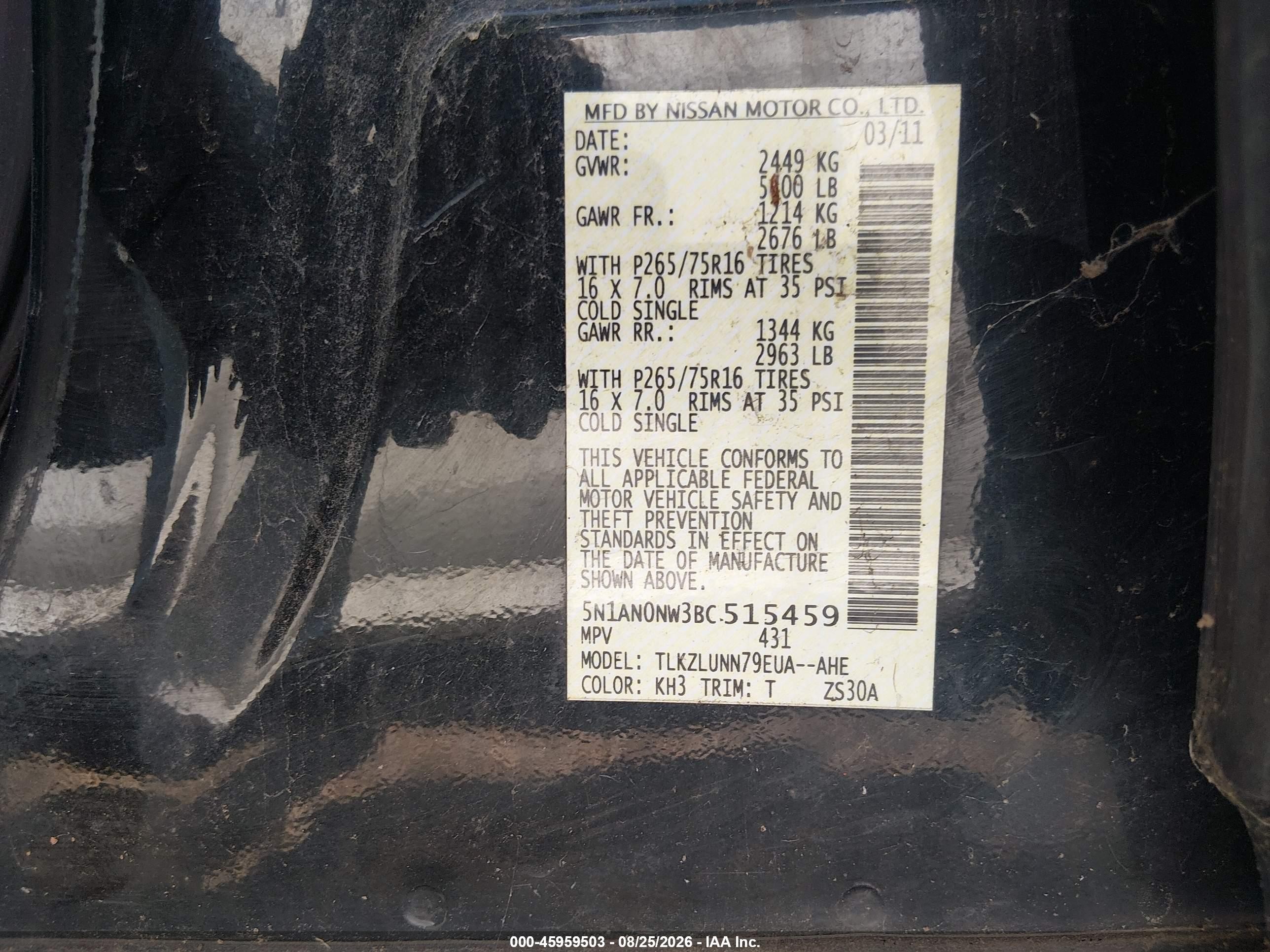 2011 Nissan Xterra Pro-4x Black vin: 5N1AN0NW3BC515459