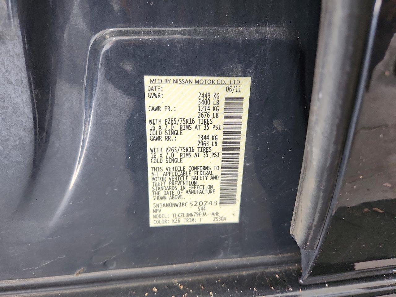 2011 Nissan Xterra X Charcoal vin: 5N1AN0NW3BC520743
