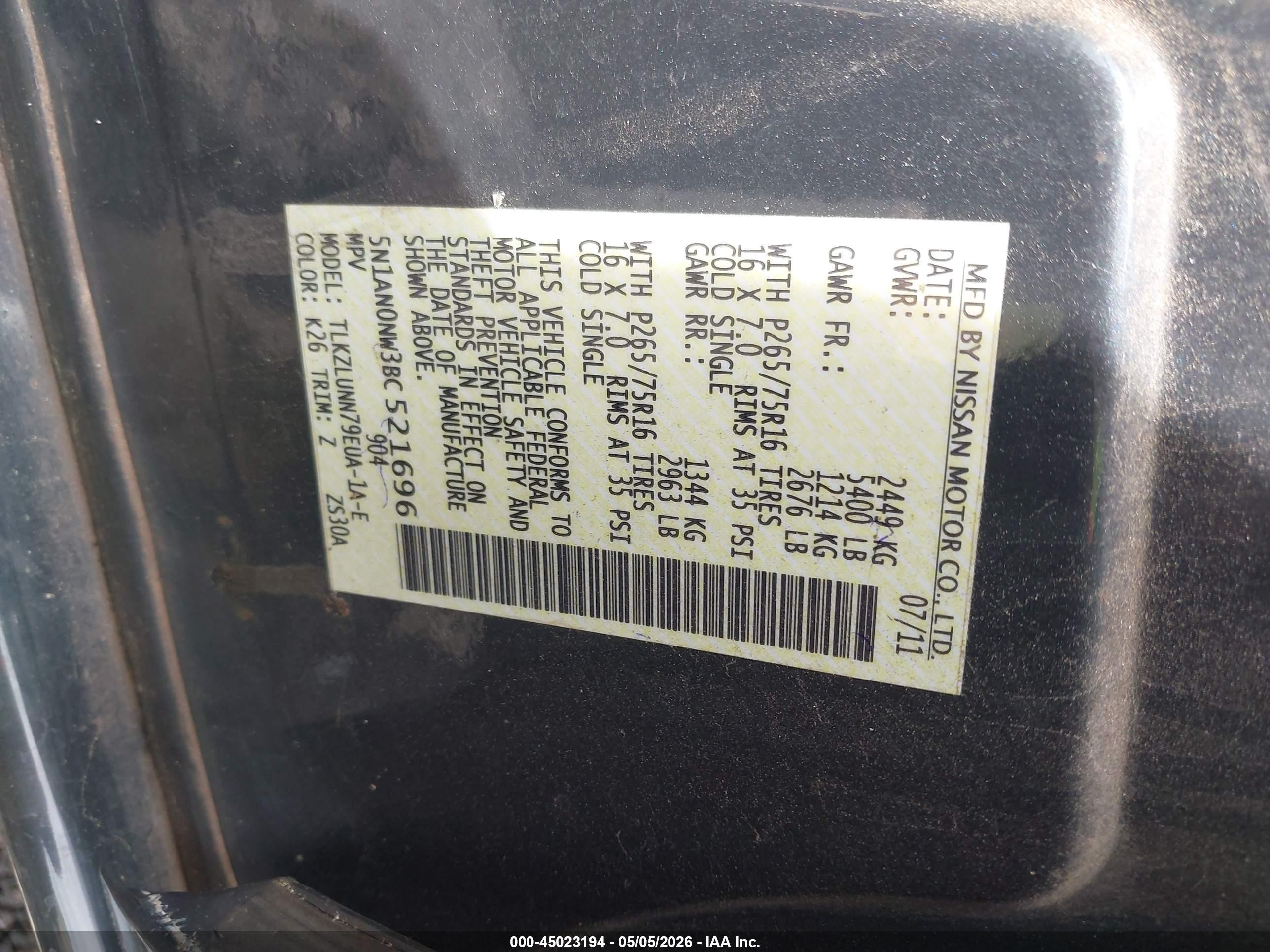 2011 Nissan Xterra Pro-4x Серый vin: 5N1AN0NW3BC521696