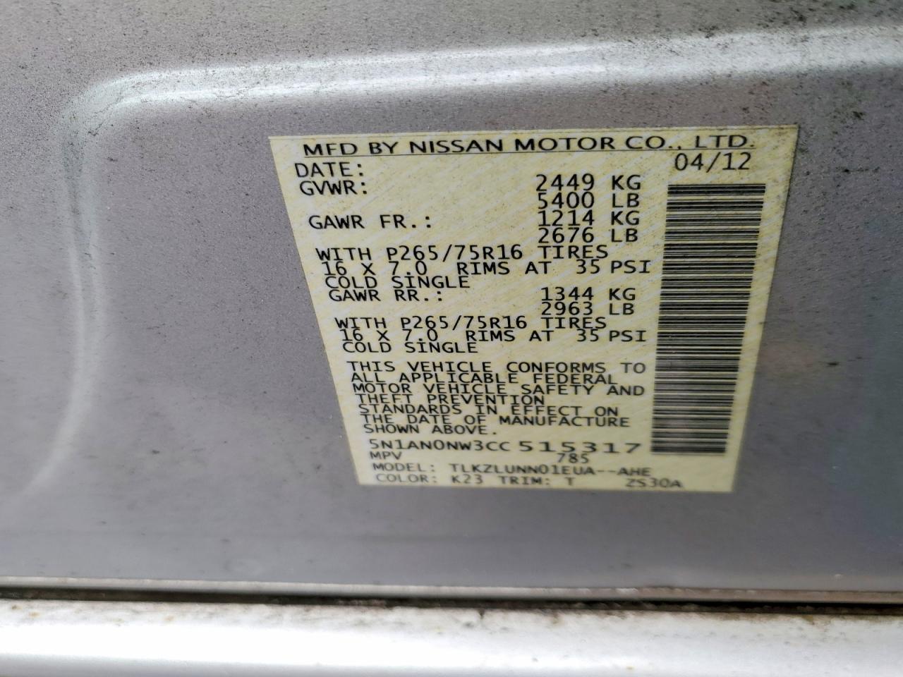 2012 Nissan Xterra X Silver vin: 5N1AN0NW3CC515317