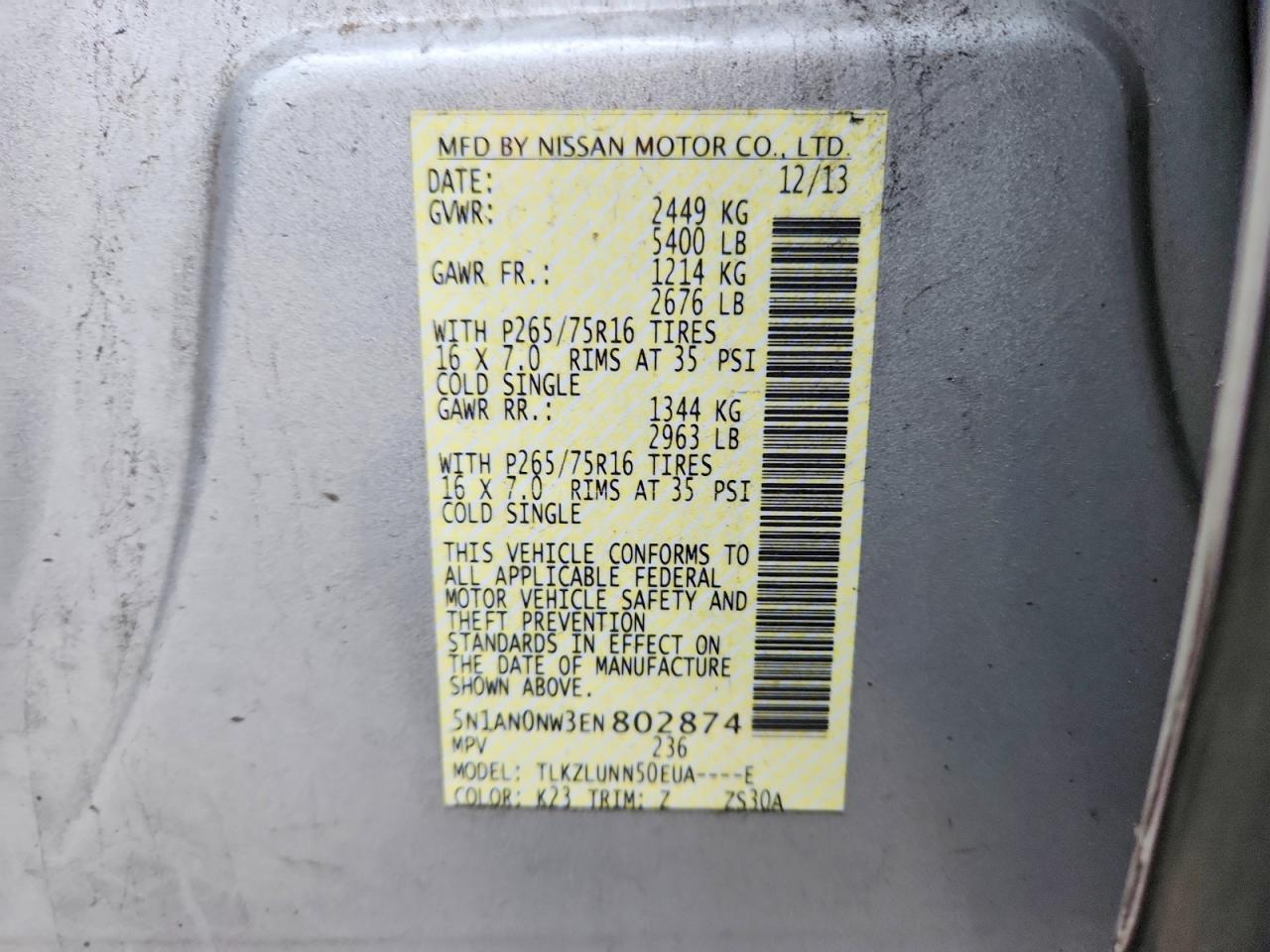 2014 Nissan Xterra Pro-4x Silver vin: 5N1AN0NW3EN802874