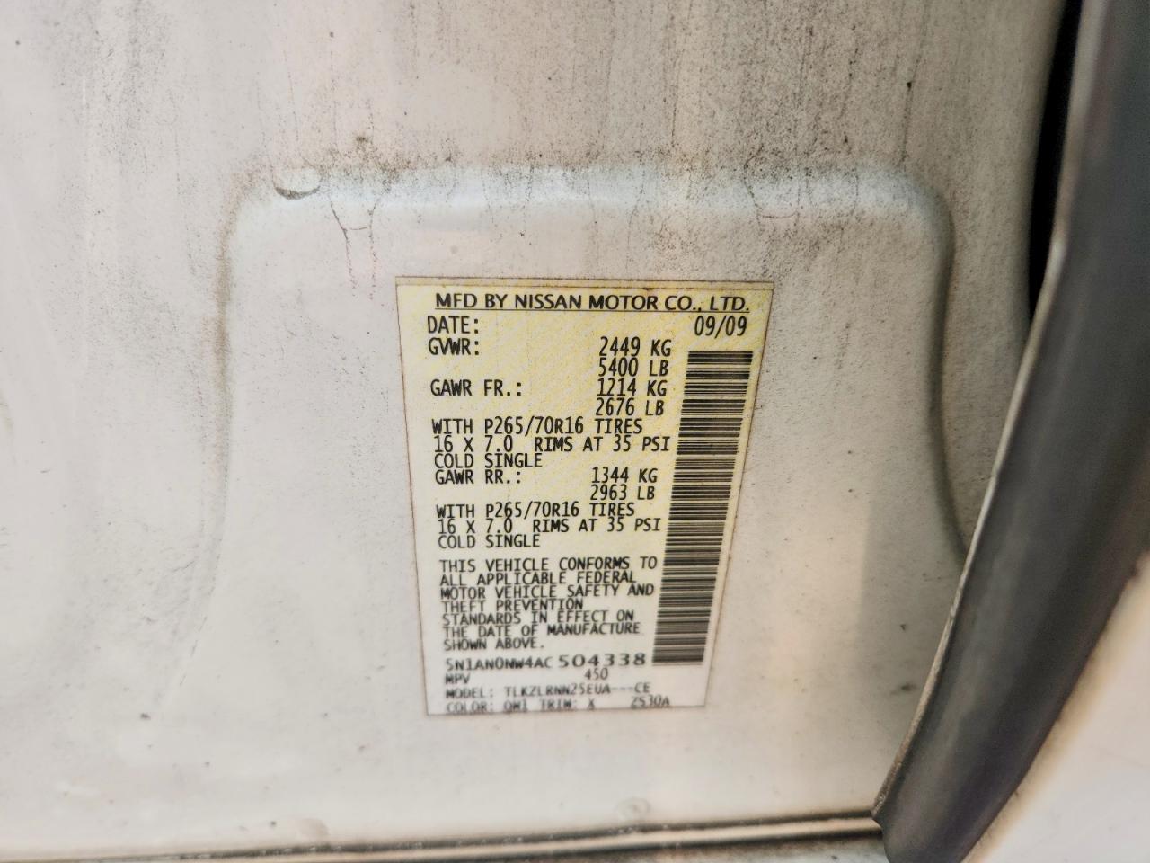 2010 Nissan Xterra X White vin: 5N1AN0NW4AC504338