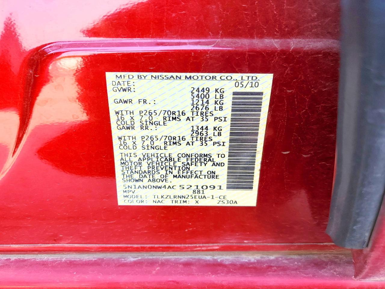 2010 Nissan Xterra X Red vin: 5N1AN0NW4AC521091