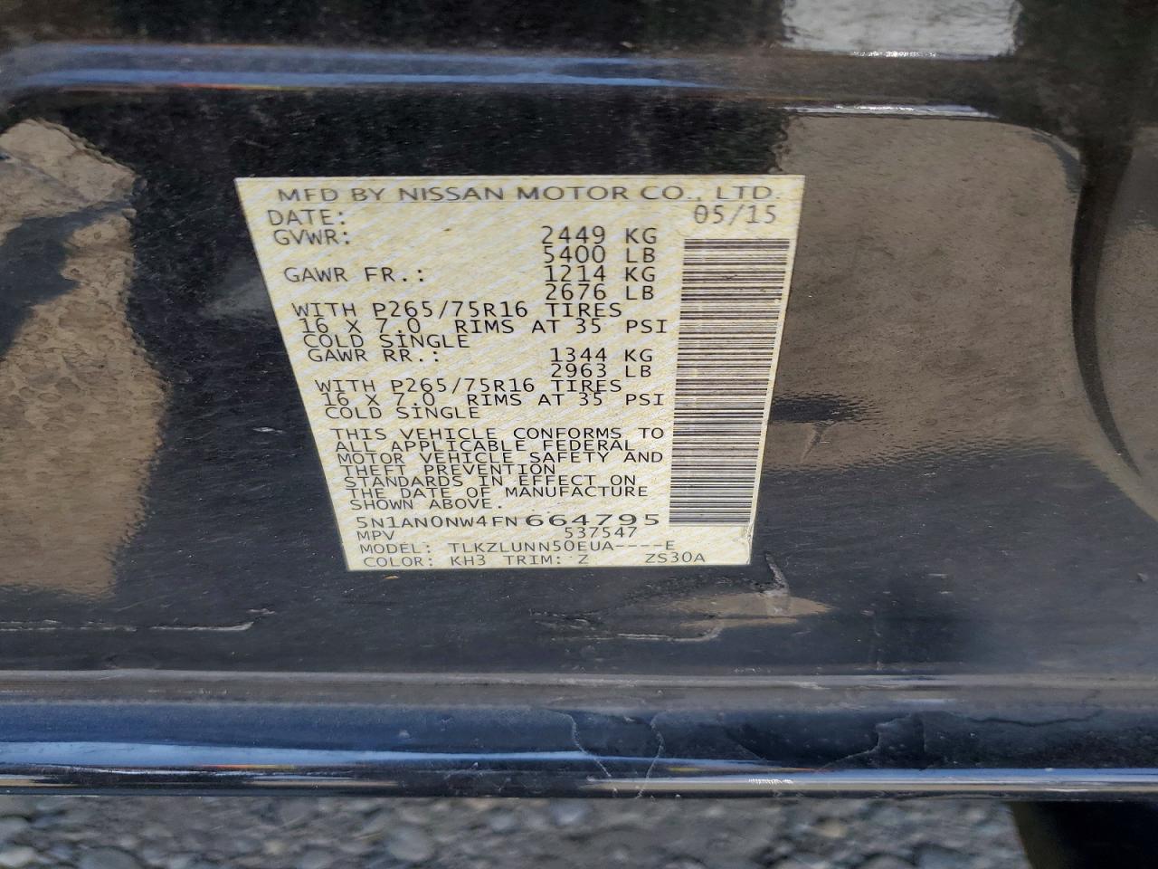 2015 Nissan Xterra Pro-4x Black vin: 5N1AN0NW4FN664795