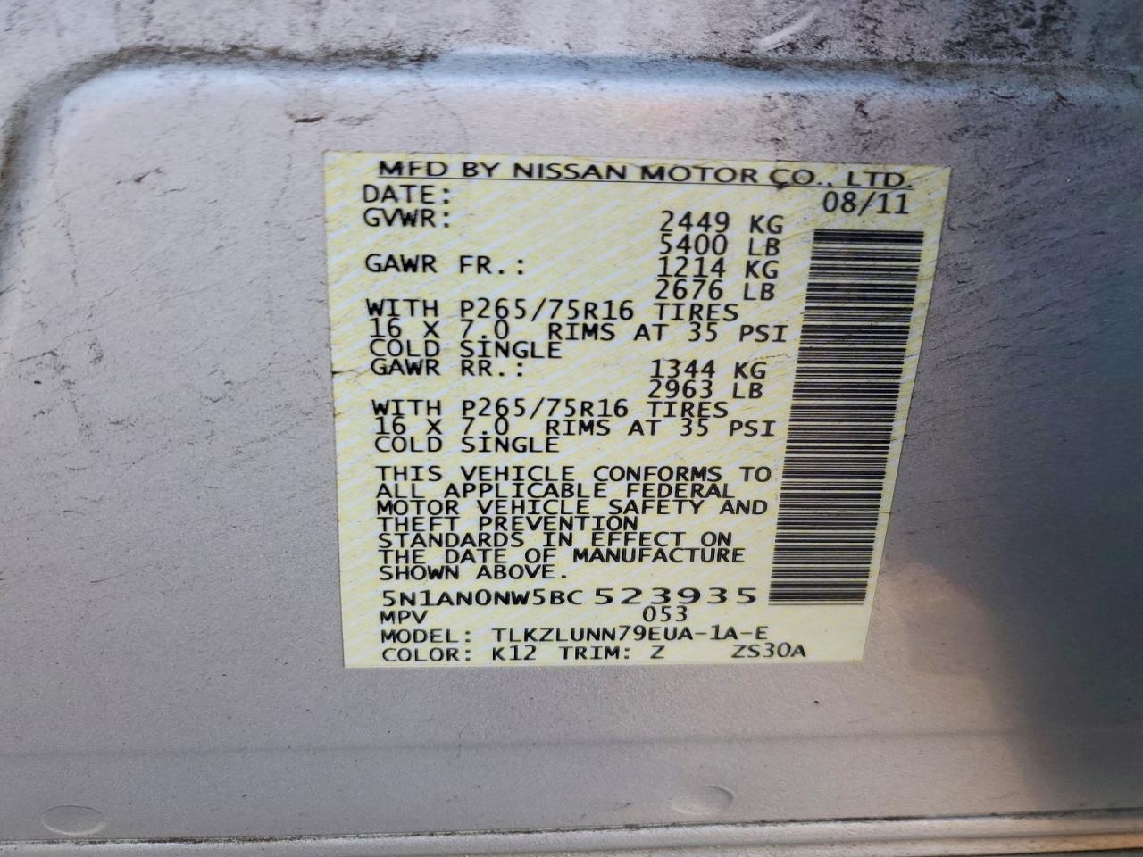 2011 Nissan Xterra X Silver vin: 5N1AN0NW5BC523935
