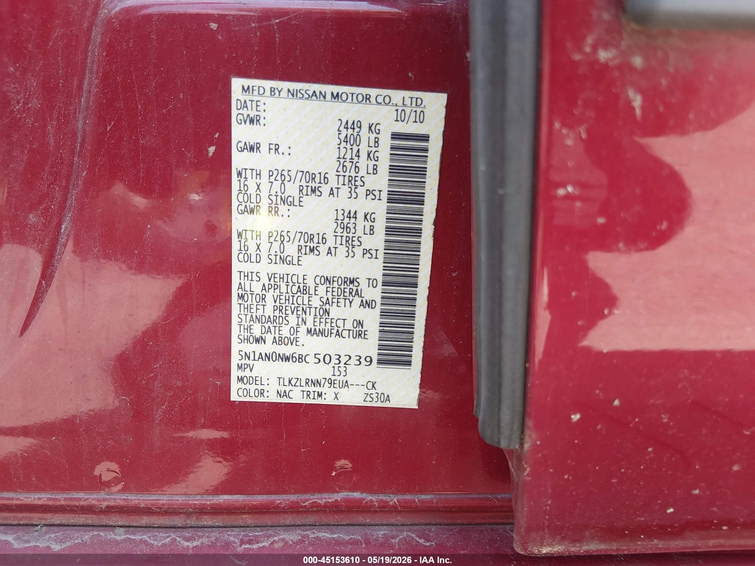 2011 Nissan Xterra S Red vin: 5N1AN0NW6BC503239