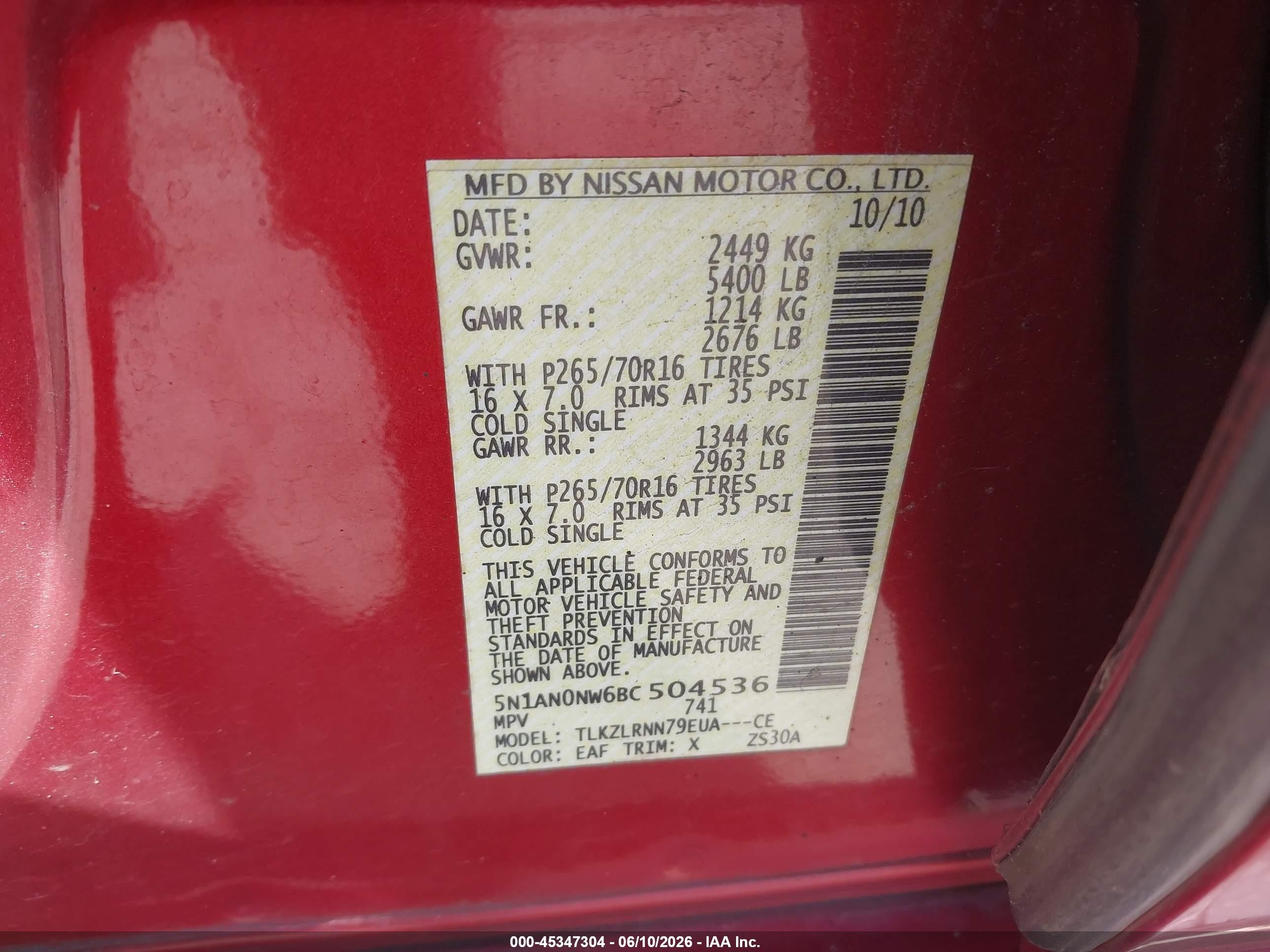 2011 Nissan Xterra S Red vin: 5N1AN0NW6BC504536