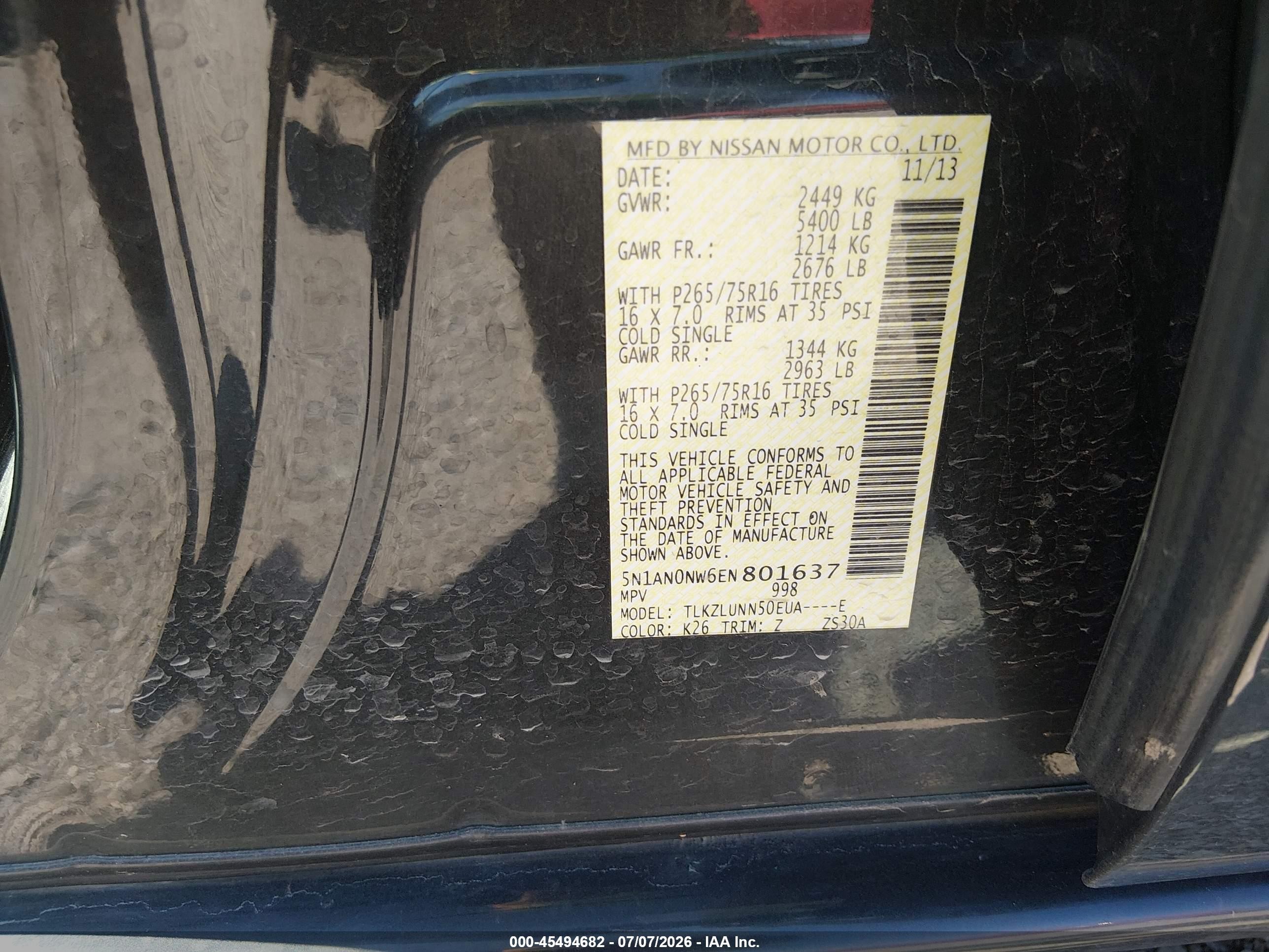 2014 Nissan Xterra Pro-4x Black vin: 5N1AN0NW6EN801637