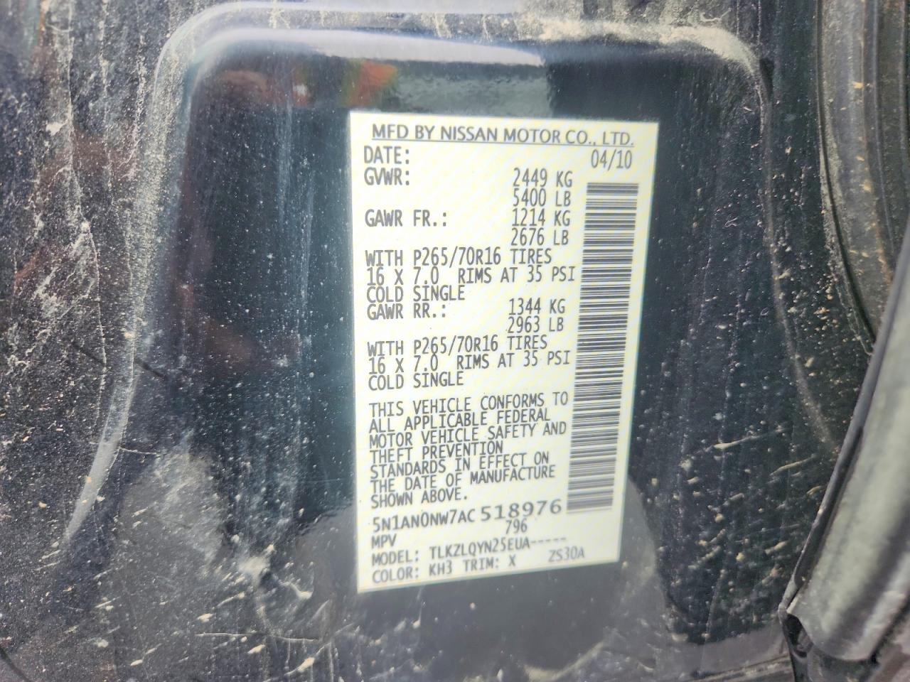 2010 Nissan Xterra X Black vin: 5N1AN0NW7AC518976