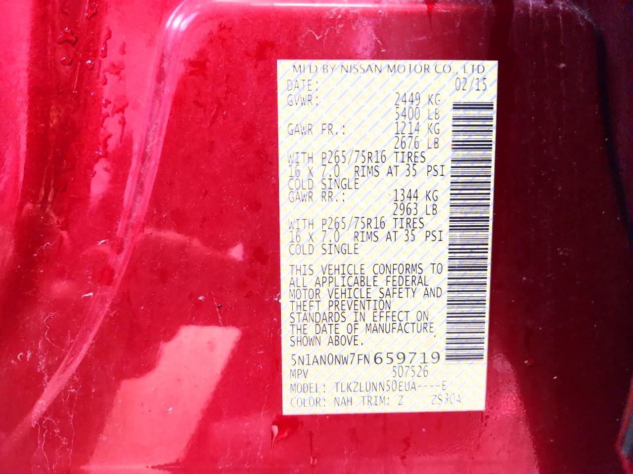2015 Nissan Xterra Pro-4x Red vin: 5N1AN0NW7FN659719