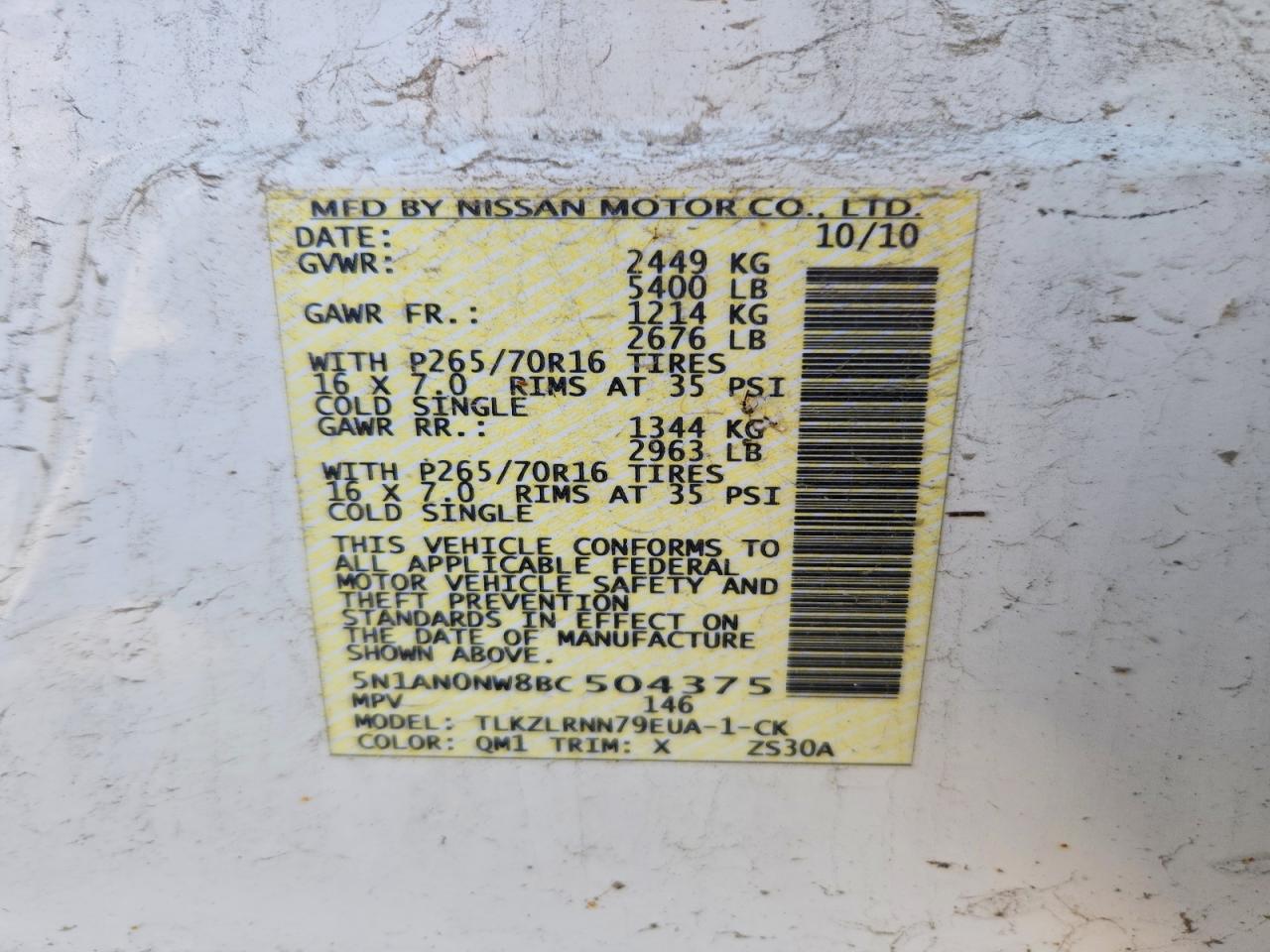 2011 Nissan Xterra X White vin: 5N1AN0NW8BC504375