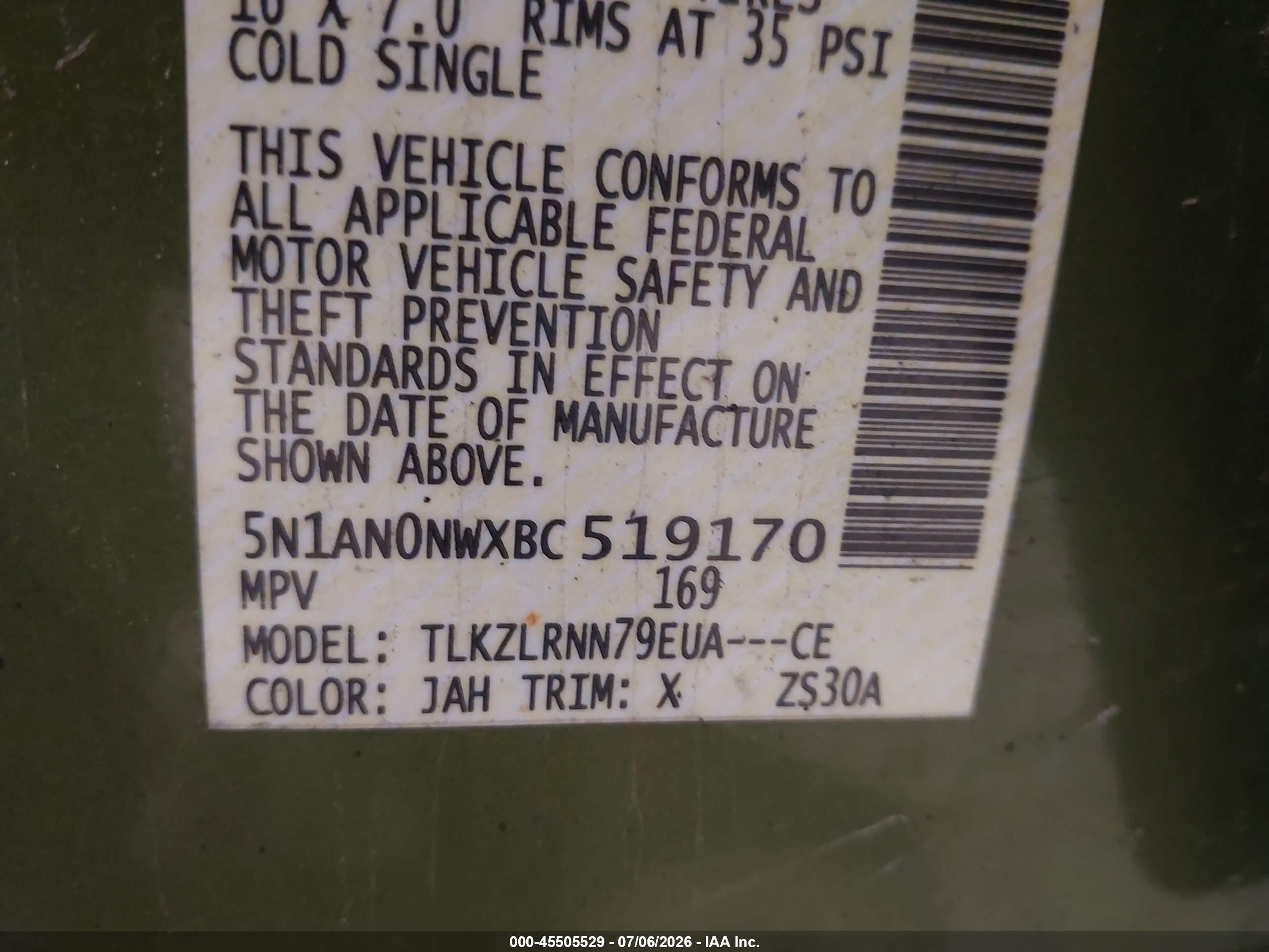 2011 Nissan Xterra S Green vin: 5N1AN0NWXBC519170