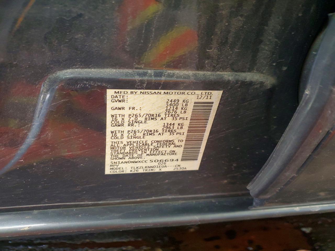 2012 Nissan Xterra X Black vin: 5N1AN0NWXCC506694