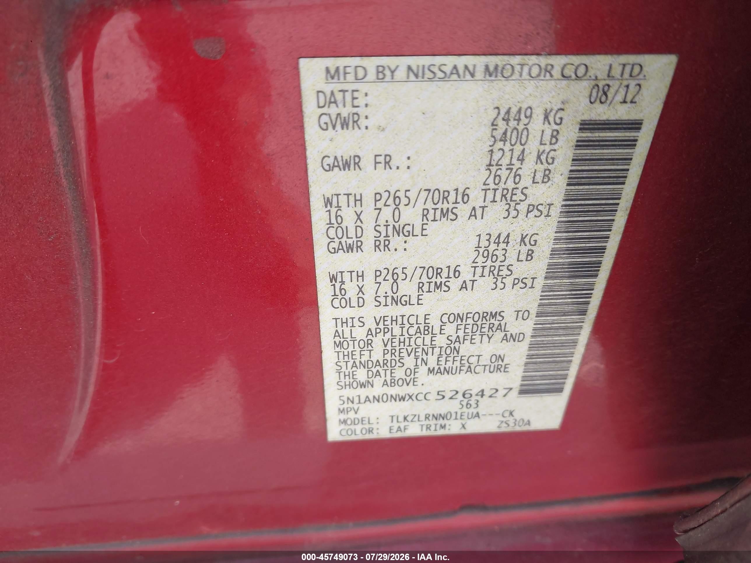 2012 Nissan Xterra S Red vin: 5N1AN0NWXCC526427