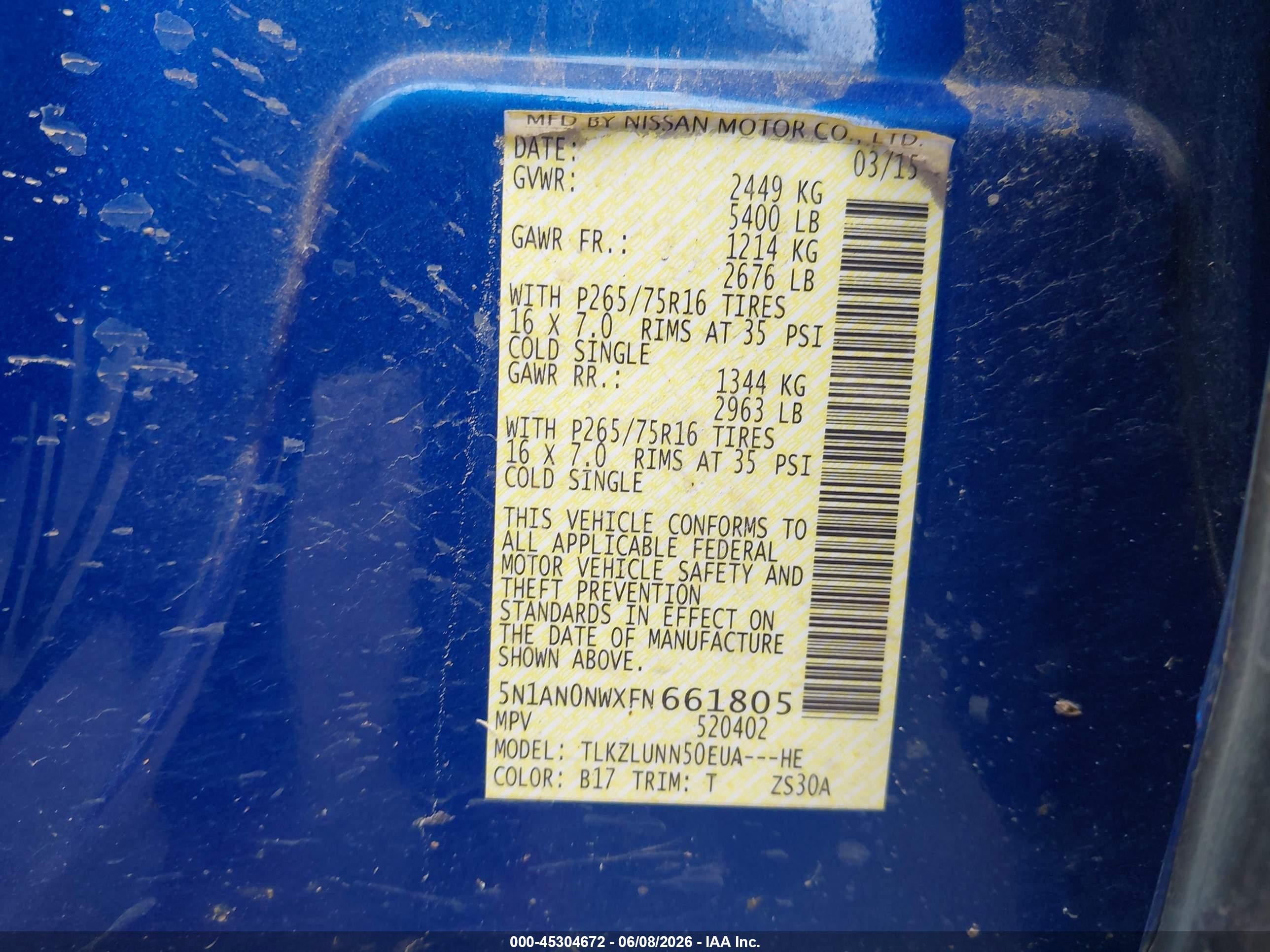 2015 Nissan Xterra Pro-4x Blue vin: 5N1AN0NWXFN661805
