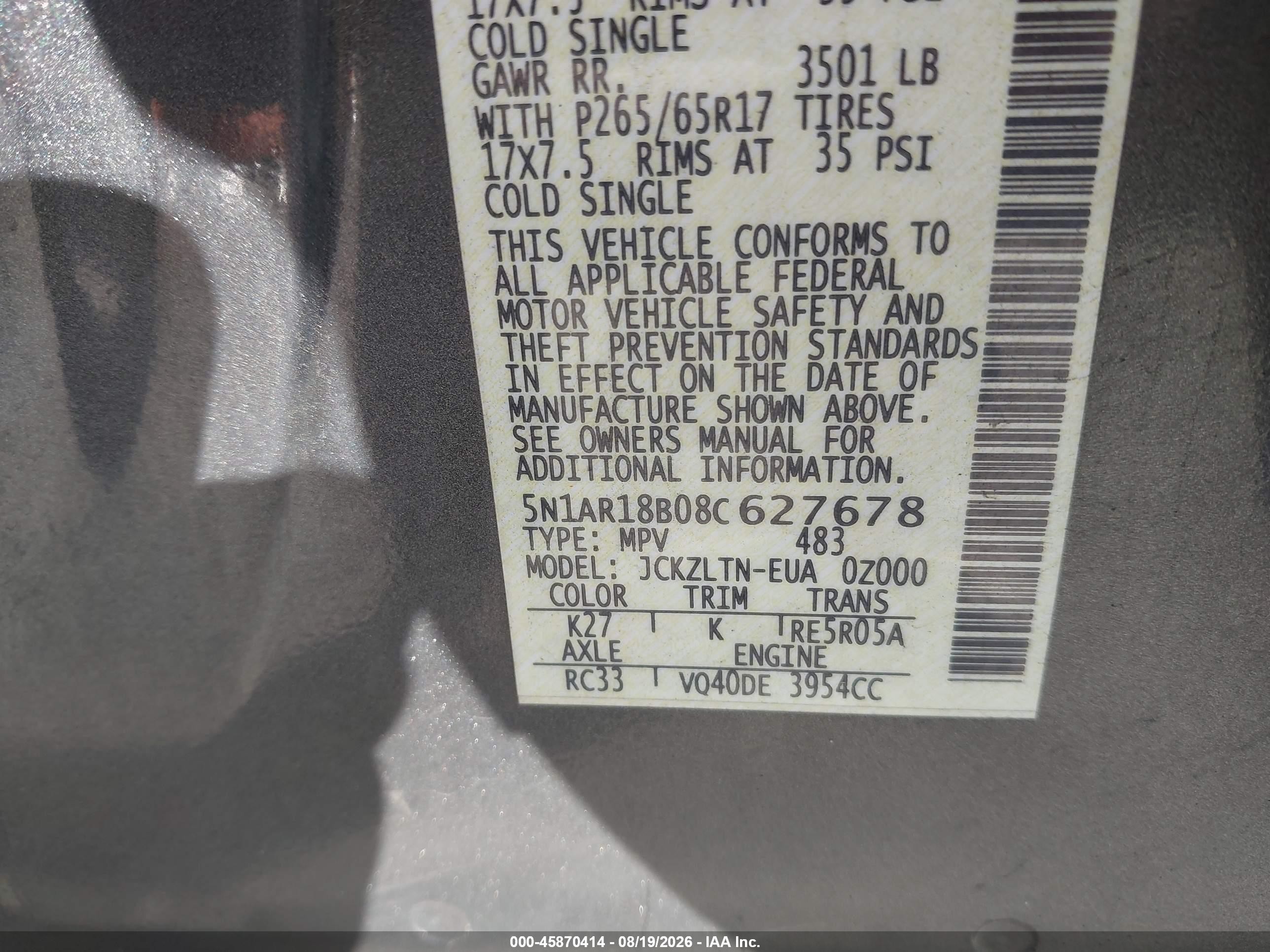 2008 Nissan Pathfinder Se Gray vin: 5N1AR18B08C627678