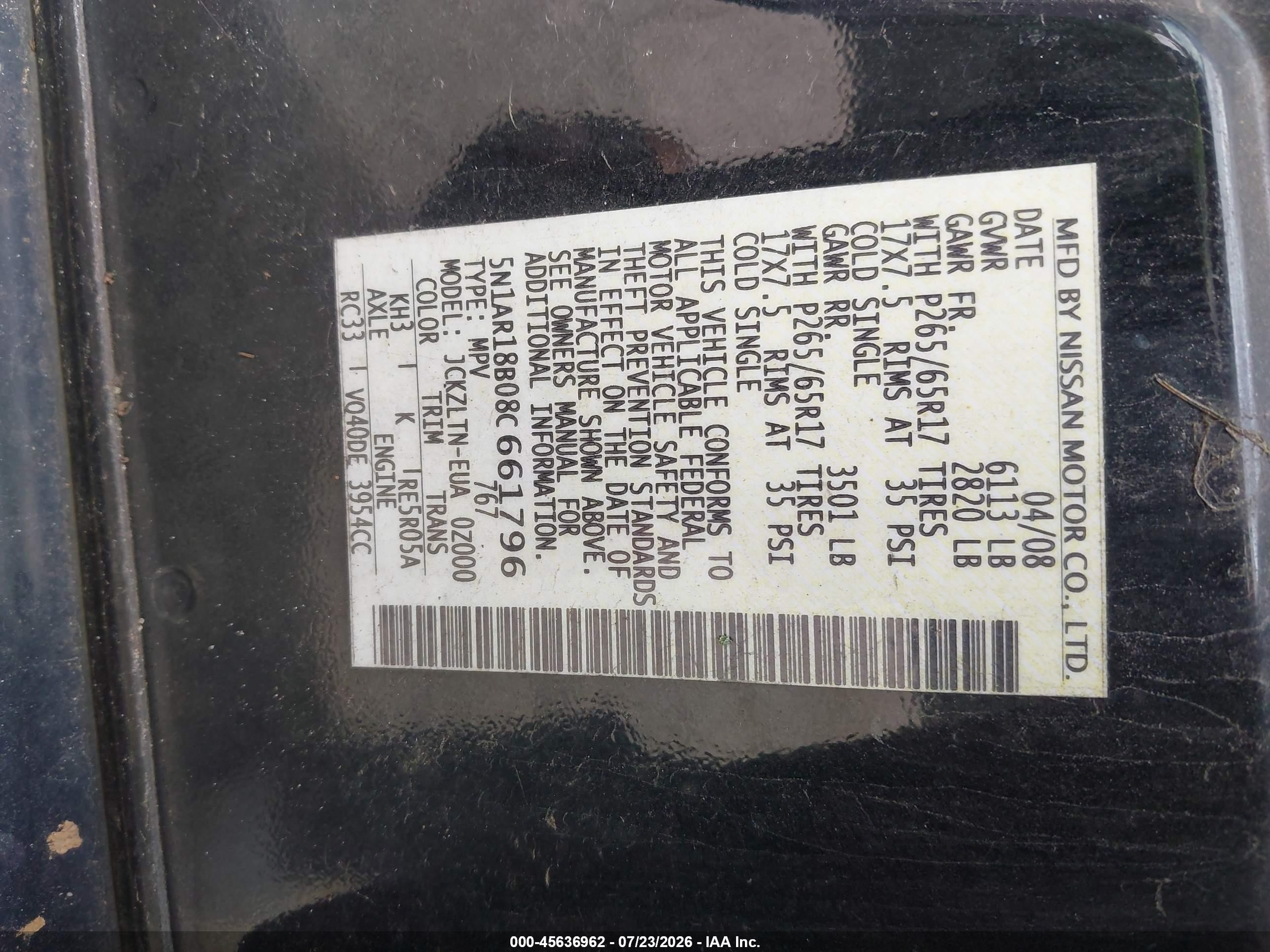 2008 Nissan Pathfinder Se Черный vin: 5N1AR18B08C661796