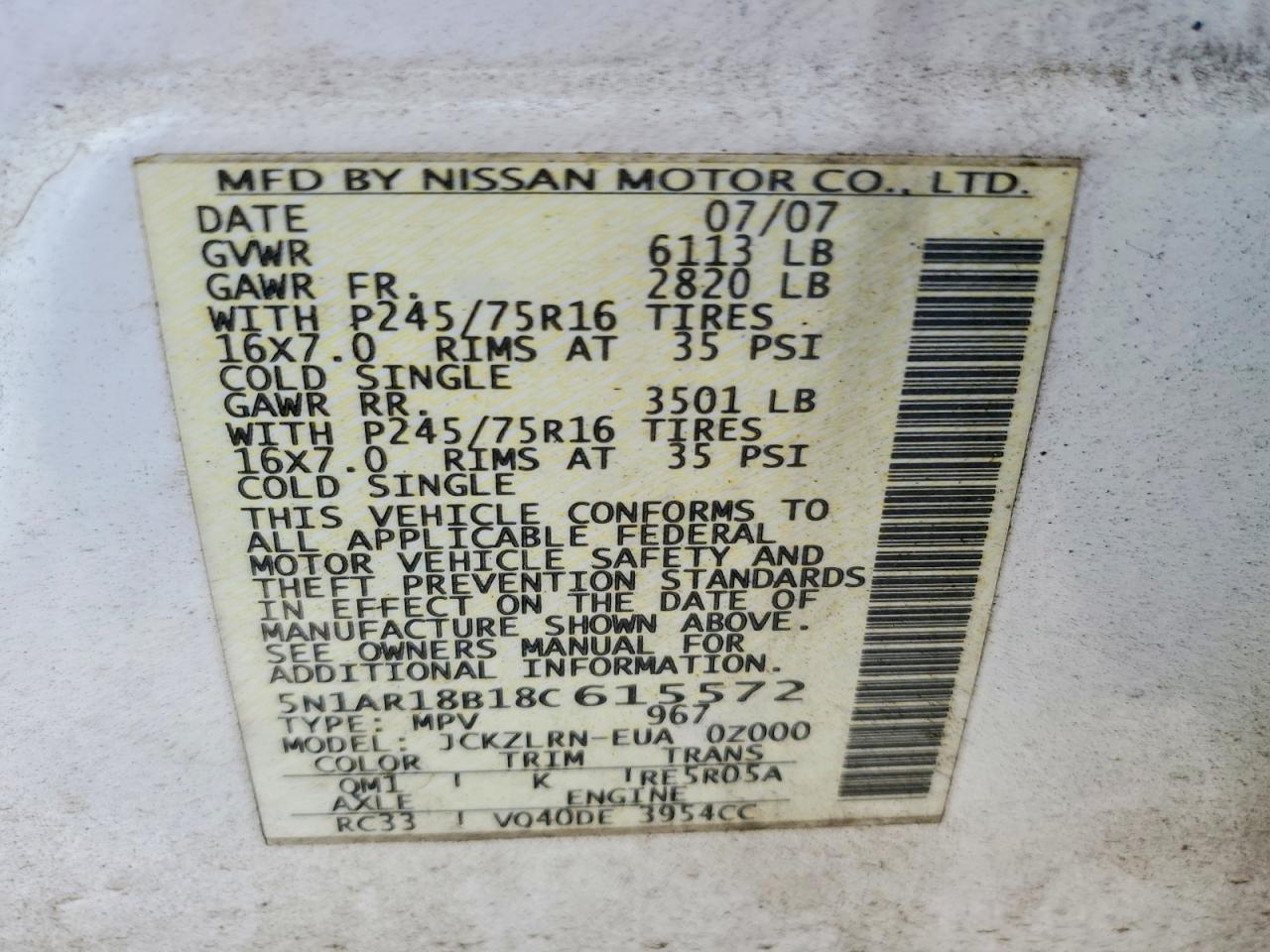 2008 Nissan Pathfinder White vin: 5N1AR18B18C615572