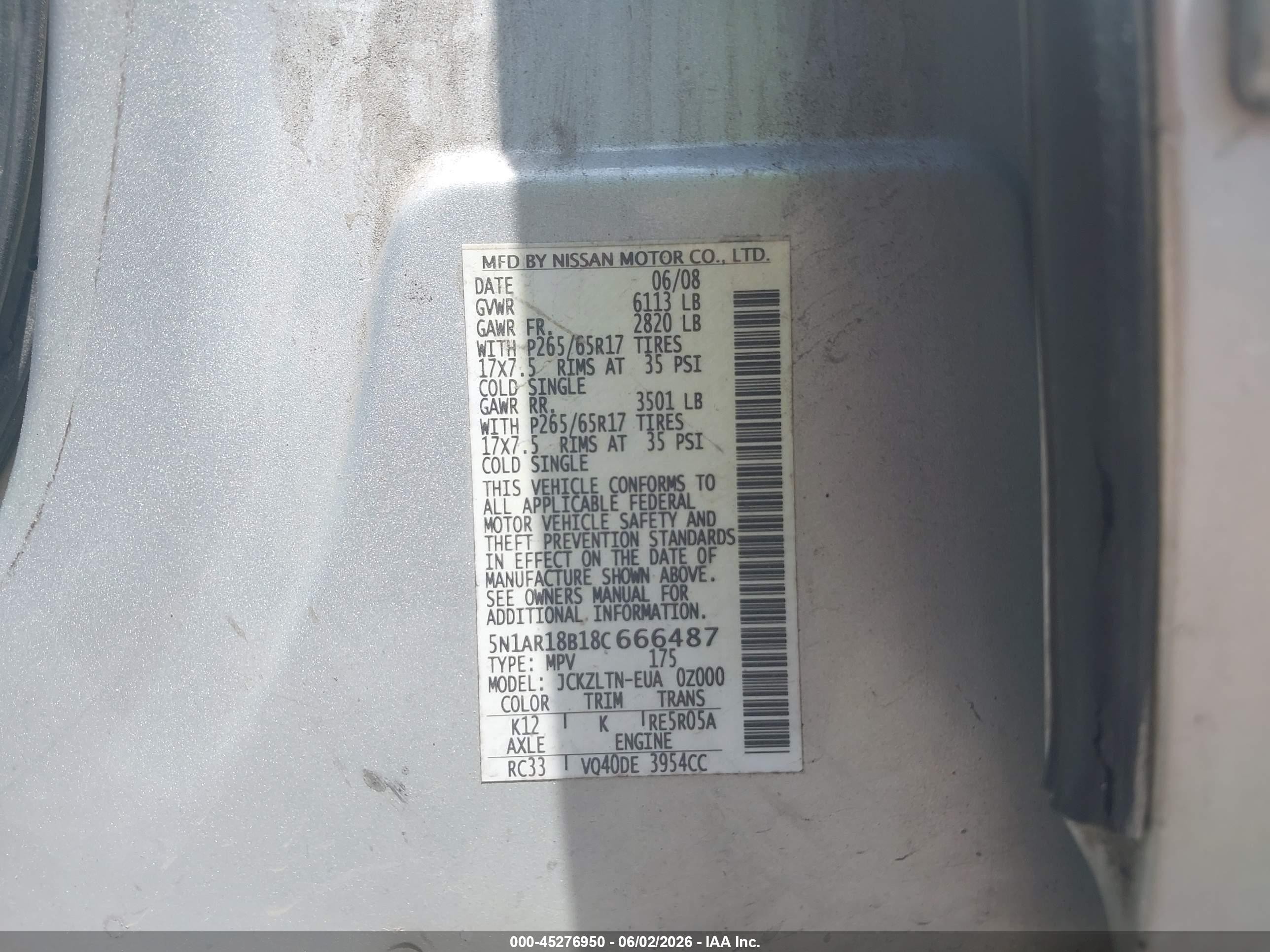 2008 Nissan Pathfinder Se Silver vin: 5N1AR18B18C666487