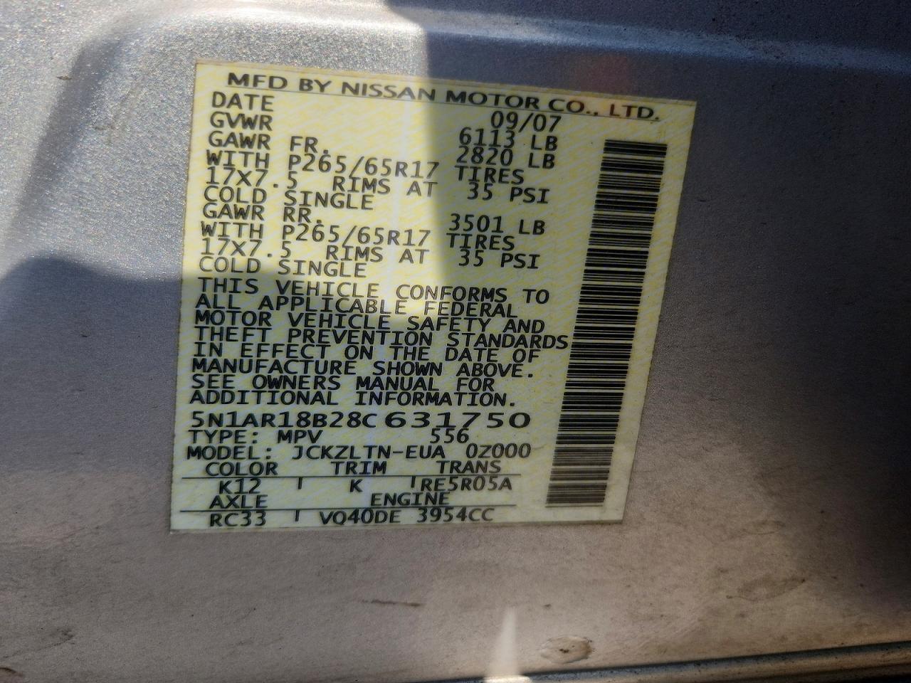 2008 Nissan Pathfinder S Silver vin: 5N1AR18B28C631750