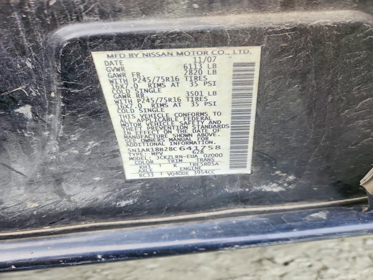 2008 Nissan Pathfinder S Black vin: 5N1AR18B28C641758