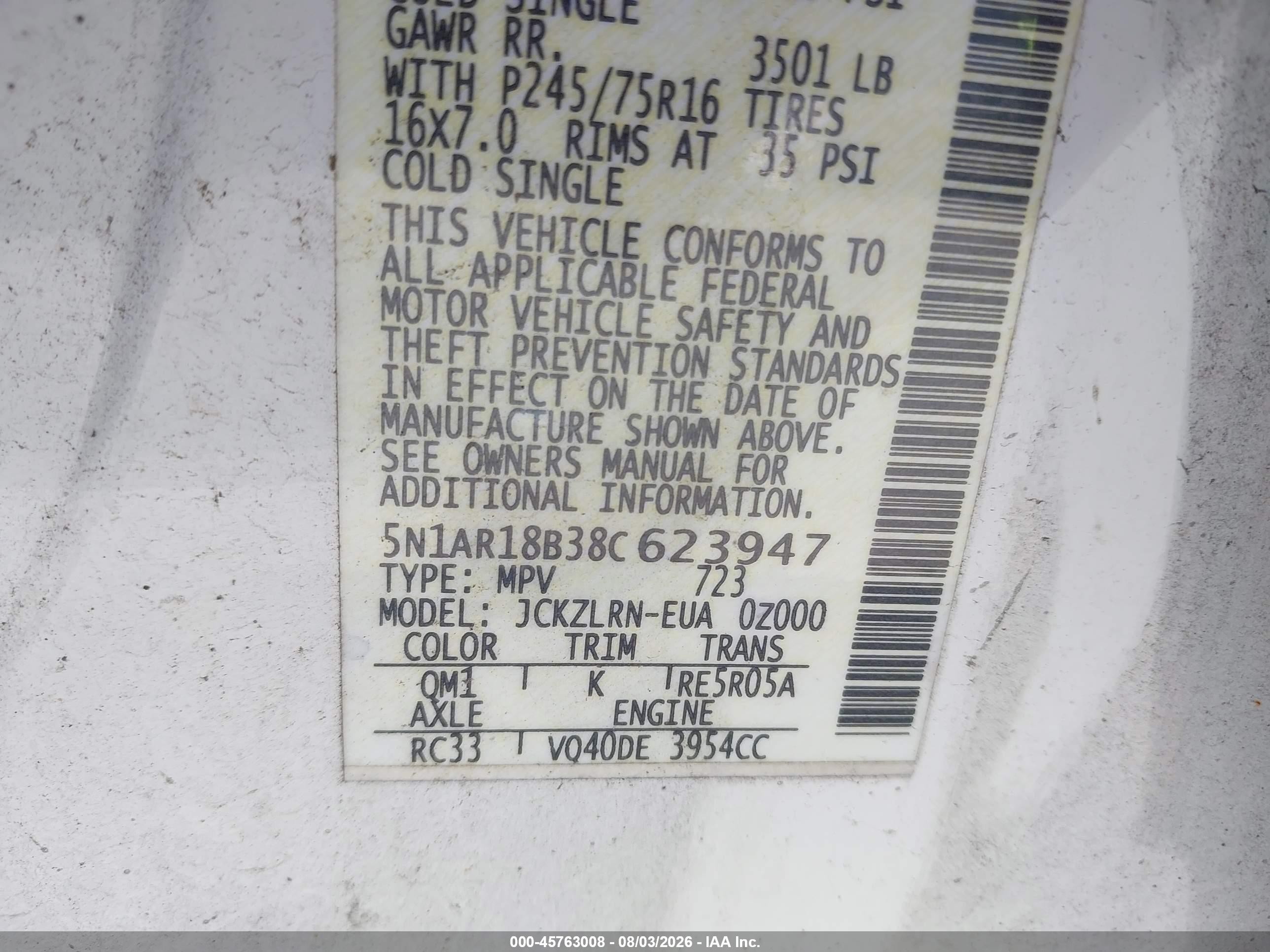2008 Nissan Pathfinder S White vin: 5N1AR18B38C623947