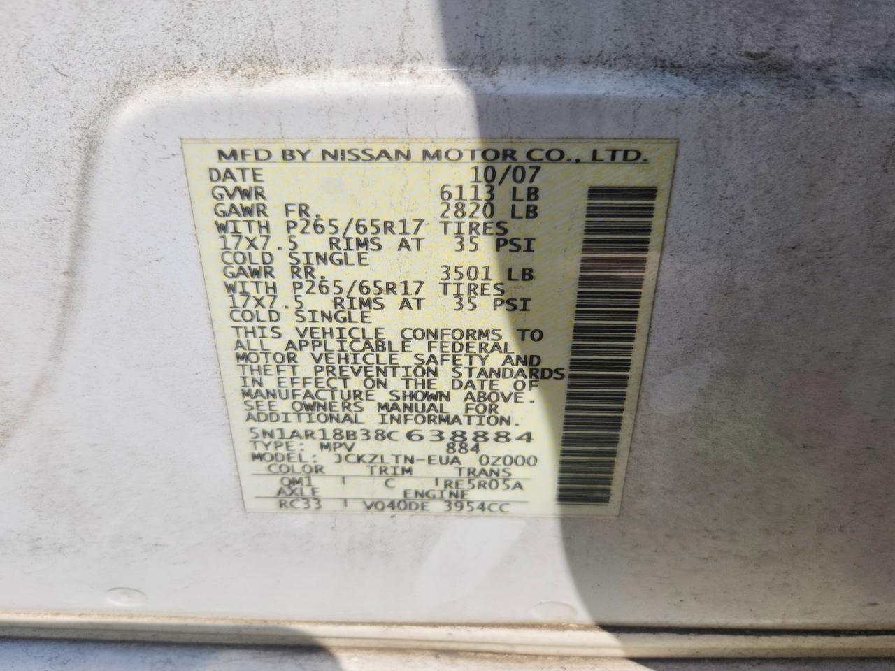 2008 Nissan Pathfinder S White vin: 5N1AR18B38C638884