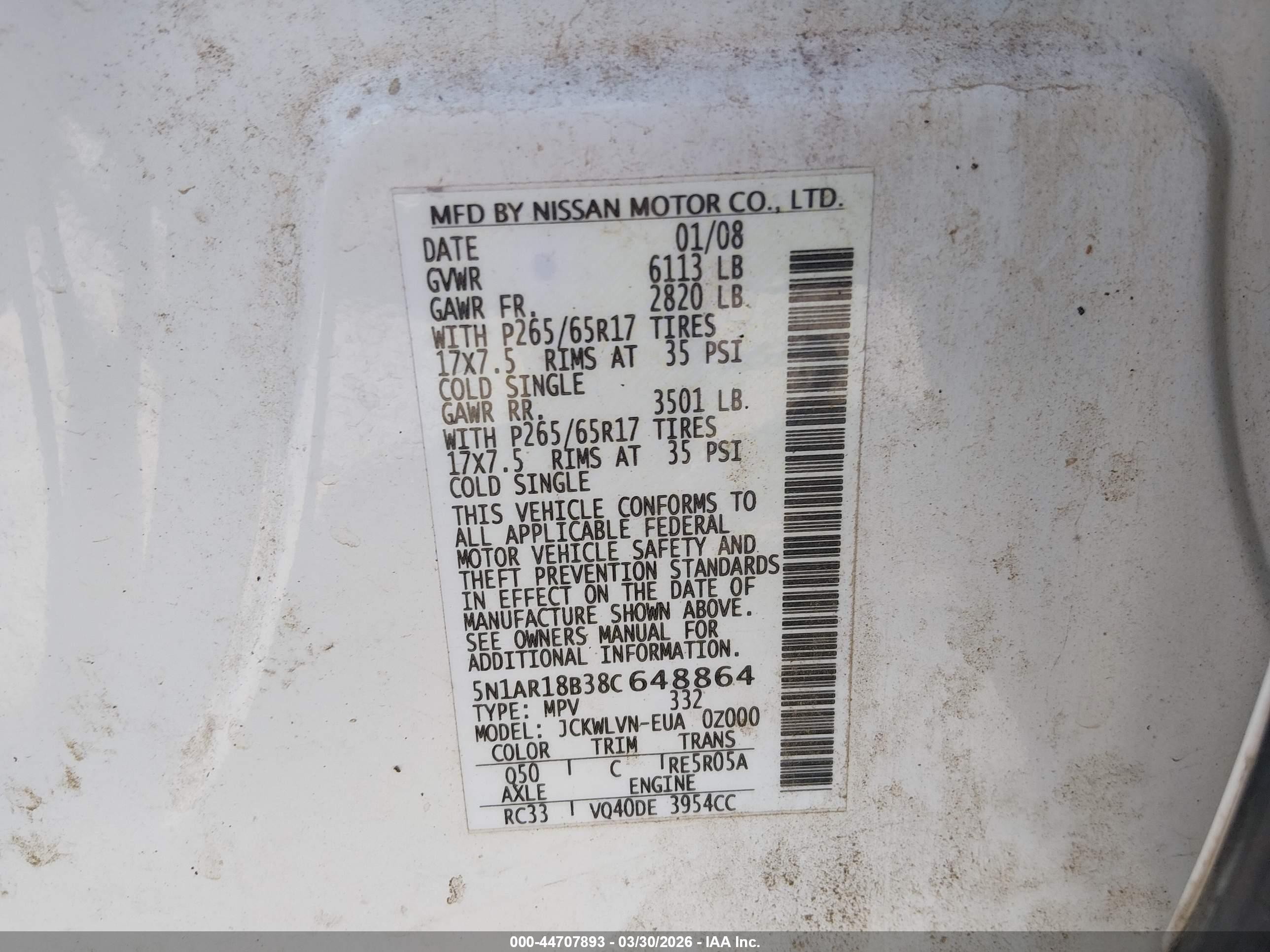 2008 Nissan Pathfinder Le White vin: 5N1AR18B38C648864
